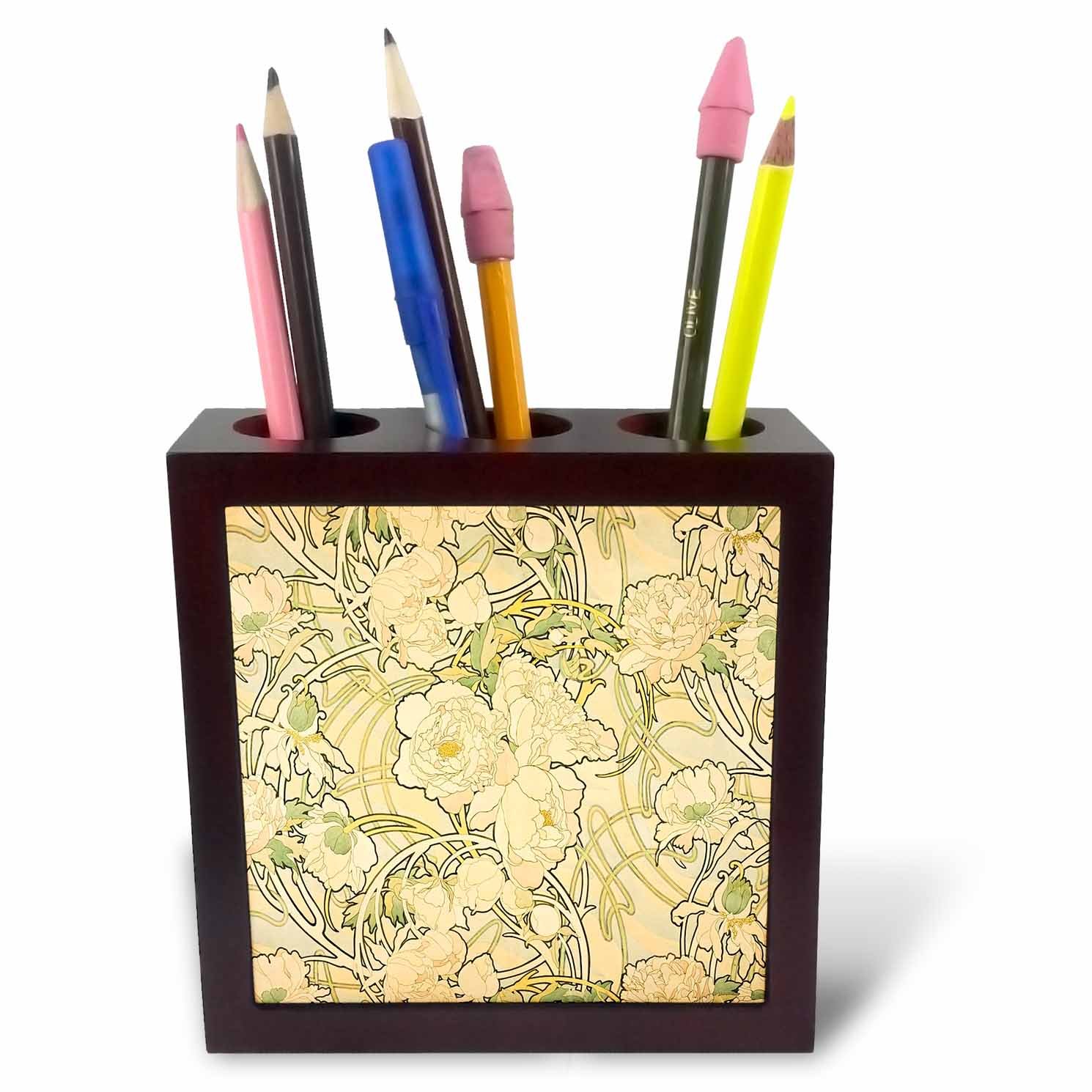 Porte-stylo motifs pivoines Floral Mucha 12,7 cm en céramique stable