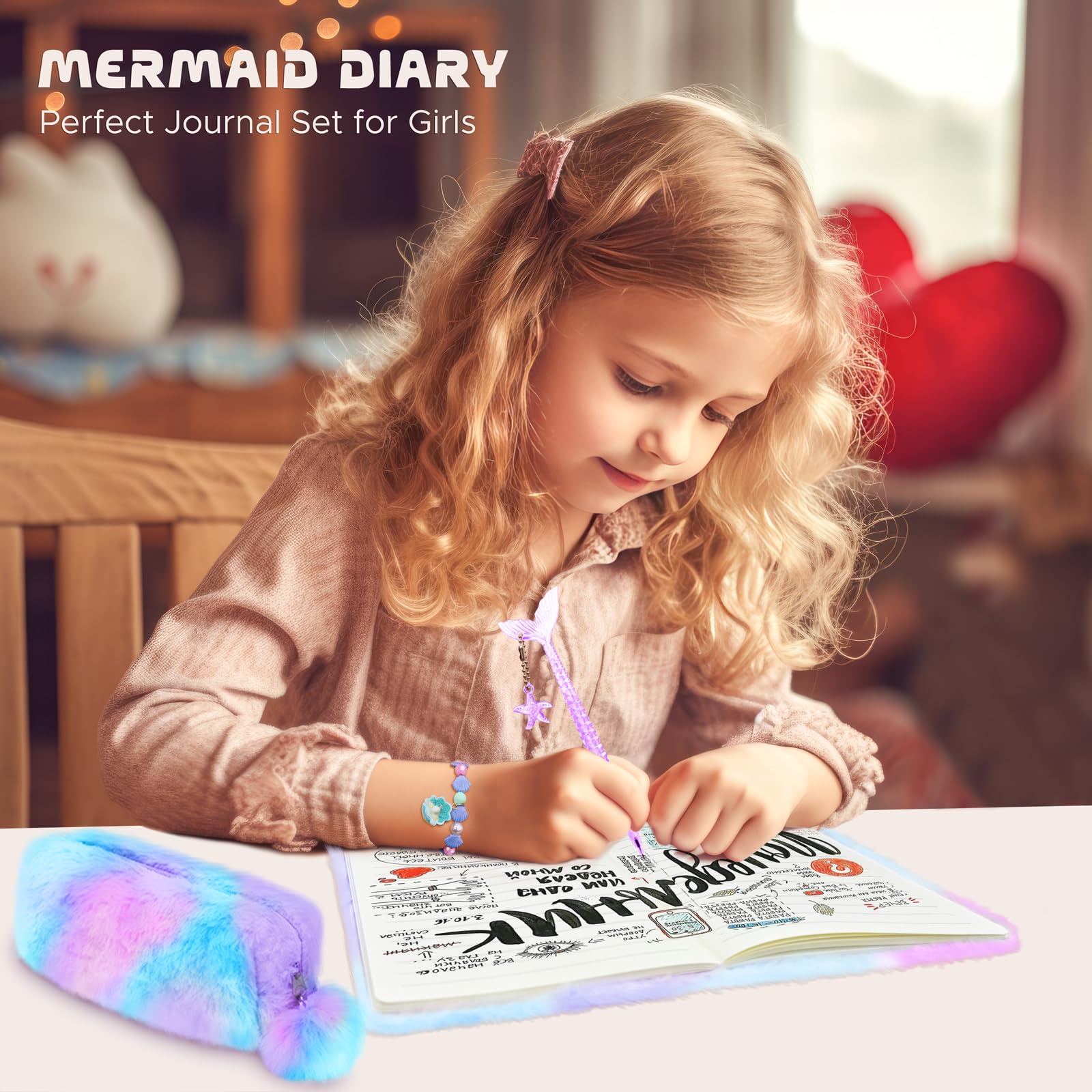 homicozy Tagebuch Mädchen mit Schloss, 4er Set Meerjungfrau Geheimes Plüsch Notizbuch, 160 Liniertes A5 Privates Tagebuch mit Federmäppchen & Stift, Schreibwaren Geschenke für Kinder 8-12 Jahre
