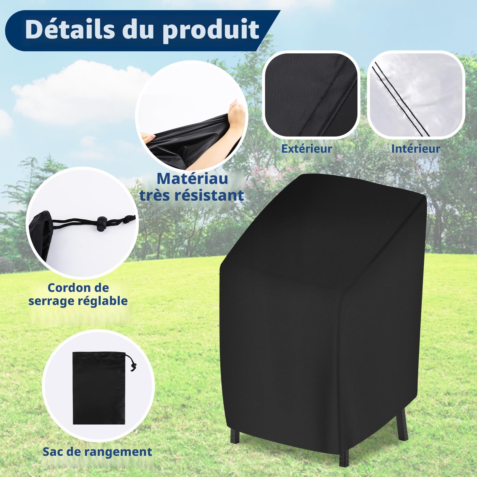 Housses de Chaises de Jardin Empilable 210D Imperméable Anti-UV Résistant Au Froid Noir