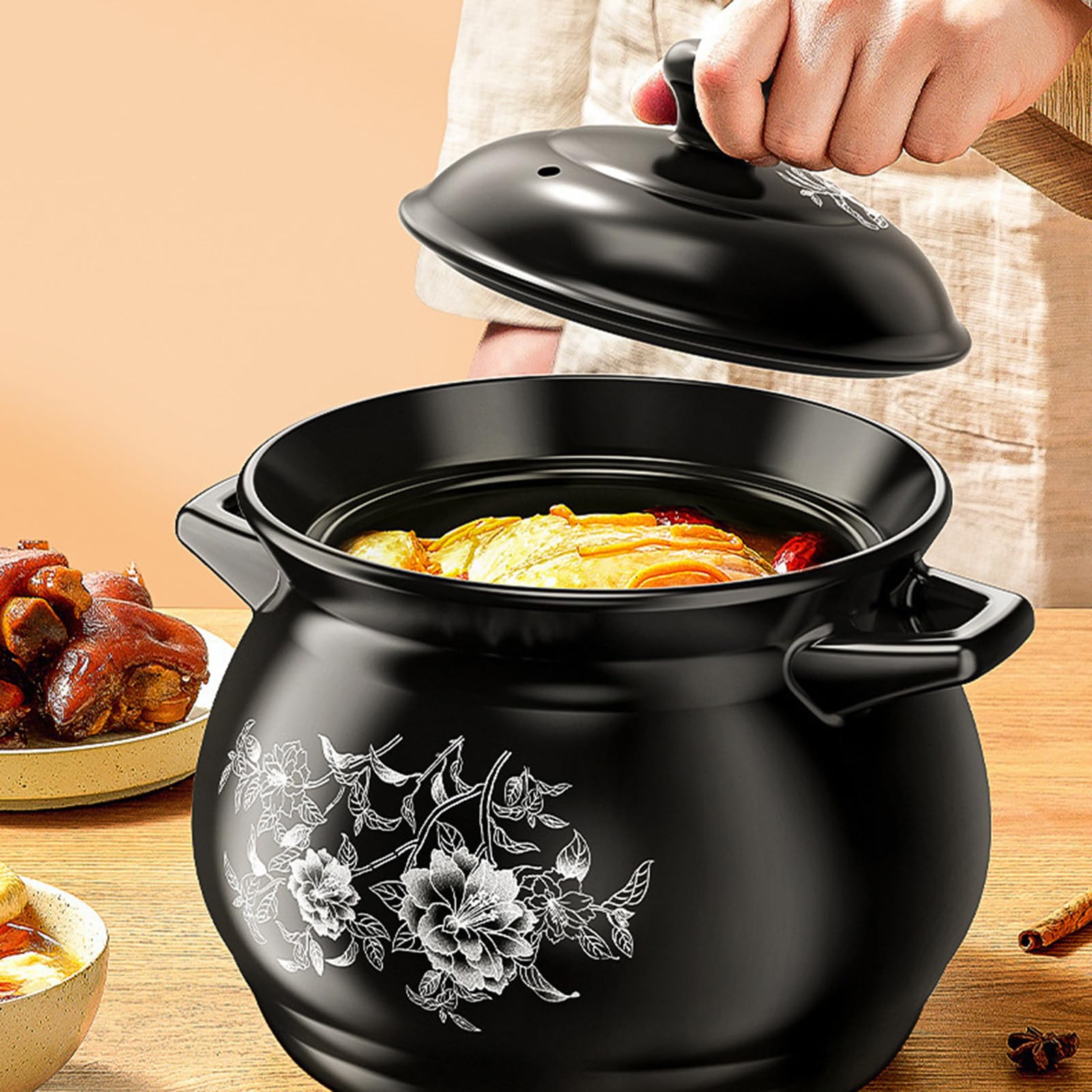 Olla de cerámica para guisos, Cacerolas negras con tapa, estofado for olla de barro resistente al calor(5.5L/5Quarts)