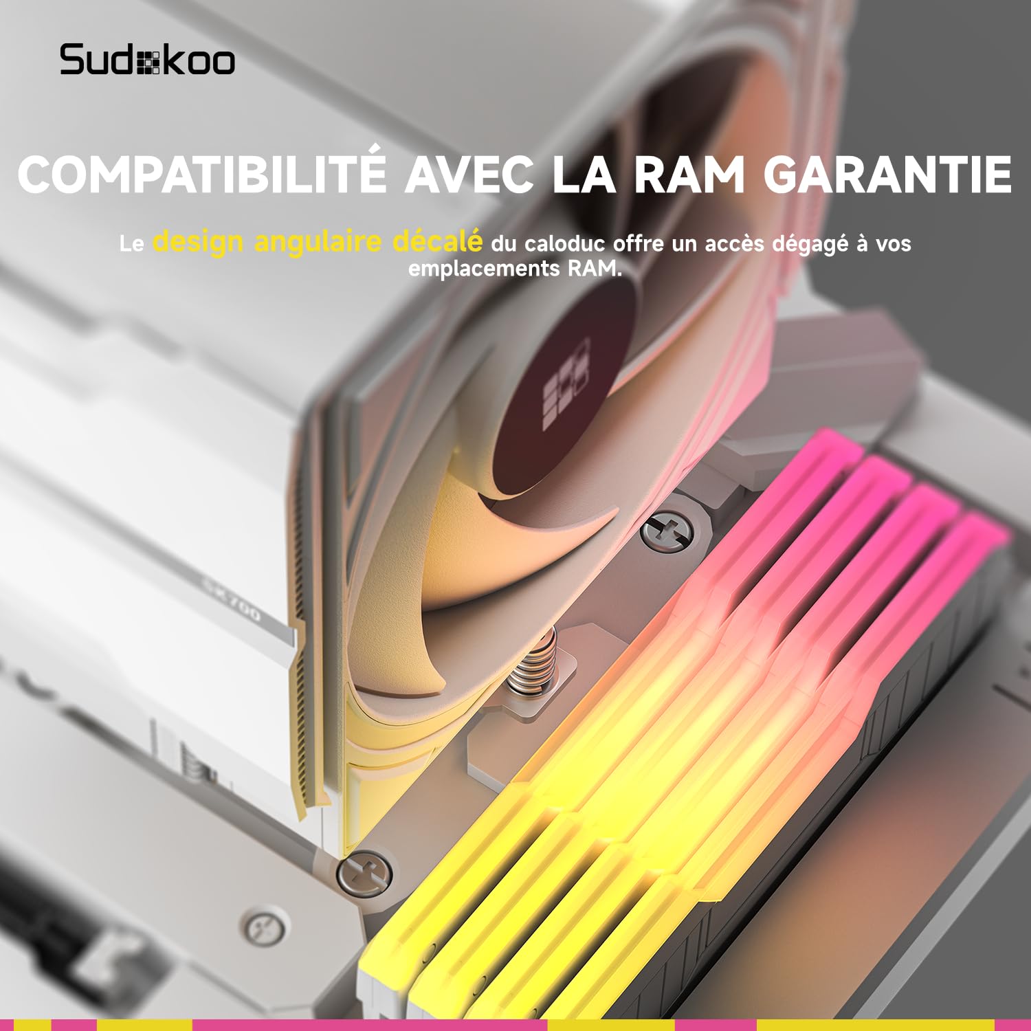 Sudokoo SK700 BLANC Ventirad AM5 Exclusif, 7 Caloducs Ventilateur de Processeur, Tour Unique, Ventilateur 120mm FDB PWM, Accès RAM Complet, Montage Facile, Garantie 5 Ans