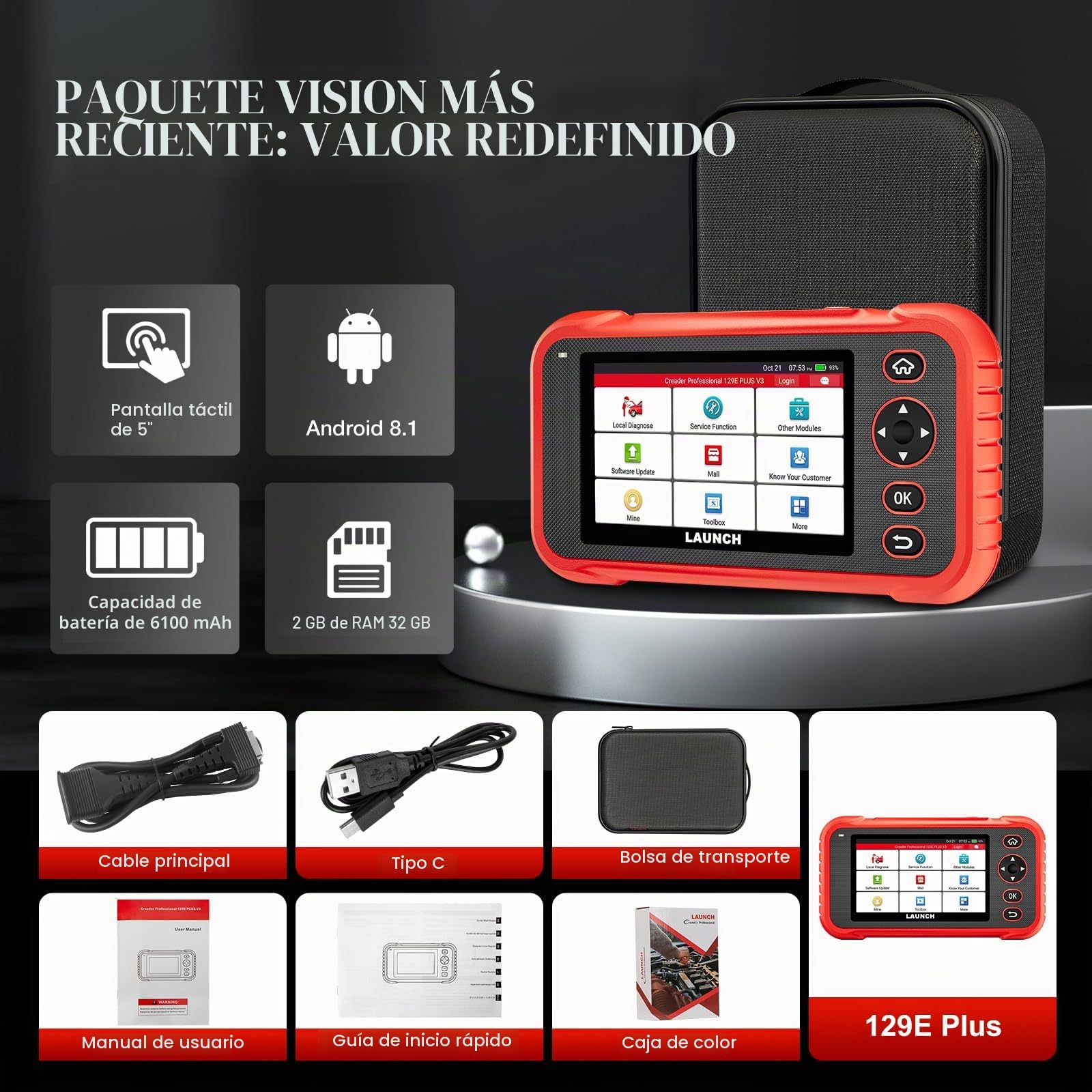 Launch CRP129e Plus OBD2 Herramienta de diagnóstico de Coche con Todos los Sistemas, 12+reinicio ABS/EPB/DPF/SAS/TPMS Reset/Equilibrio de batería/codificación de inyector/Aceite/válvula de Acelerador