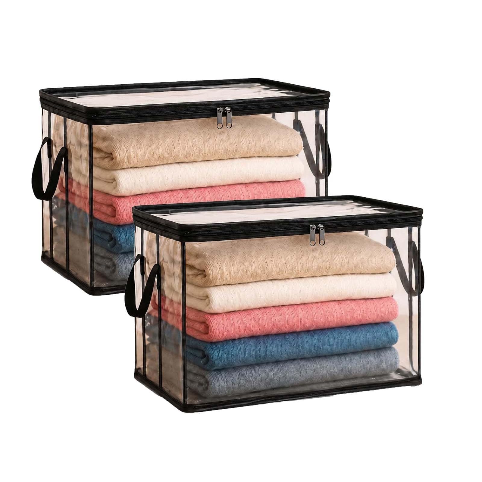 ZFFAFUR Clear Heavy-Duty Plastic Storage Box with Hinged Lid, Extra Large Thick Plastic Storage Bag for Clothes, Foldable Dustproof Bin for Moving & Home Organization 2-Pack (L)