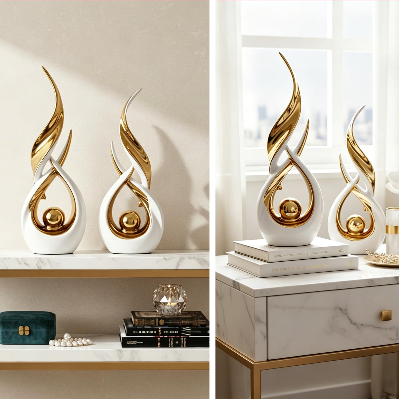 Set di 2 statue astratte in ceramica dorata, stile astratto moderno di metà secolo, decorazione per la casa, mensola da caminetto su mensola unica, divisorio per mobile TV, tavolo e tavolo da pranzo