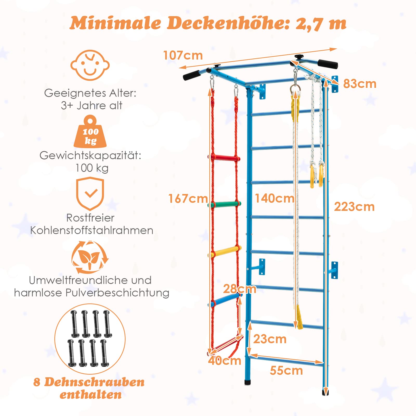 COSTWAY Kinder Kletterwand Sprossenwand Metall, Turnwand Gymnastikgerät Klettergerüst 107x83x223cm, Heimsportgerät für Kinder und Erwachsener bis 100kg