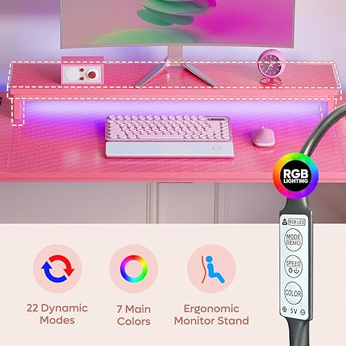 Miniatura 50 de Bestier Escritorio para juegos de 42 pulgadas con luces LED, mesa de juegos para computadora pequeña con estante para monitor, escritorio para Fibra