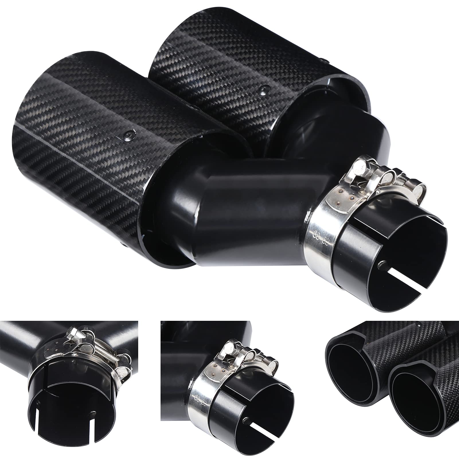 Tip Tuyau D'Échappement de Voiture En Acier Inoxydable 63‑93 Mm En Forme De Y 1‑In‑2‑Out Côté Droit Double Sortie D'Échappement En Fibre De Carbone Noire Pour Performance M