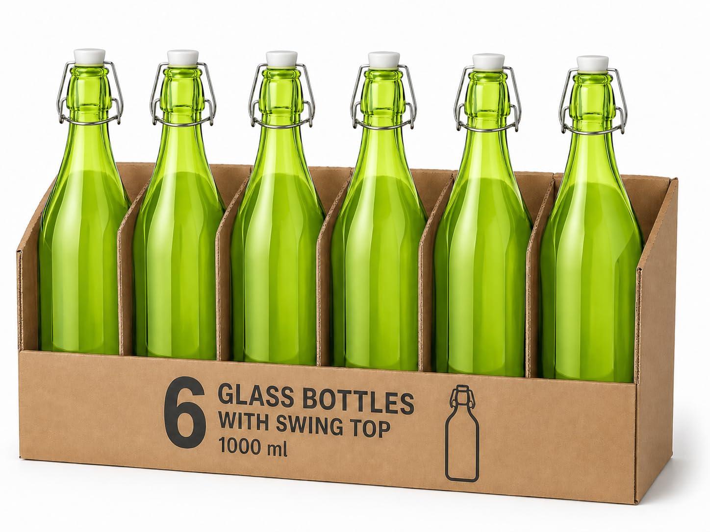 KWARE 1 Litre Traditional Vintage Style Glass Bottles with Swing Top Lids - Set of 6 Clear Bottles (Lime)