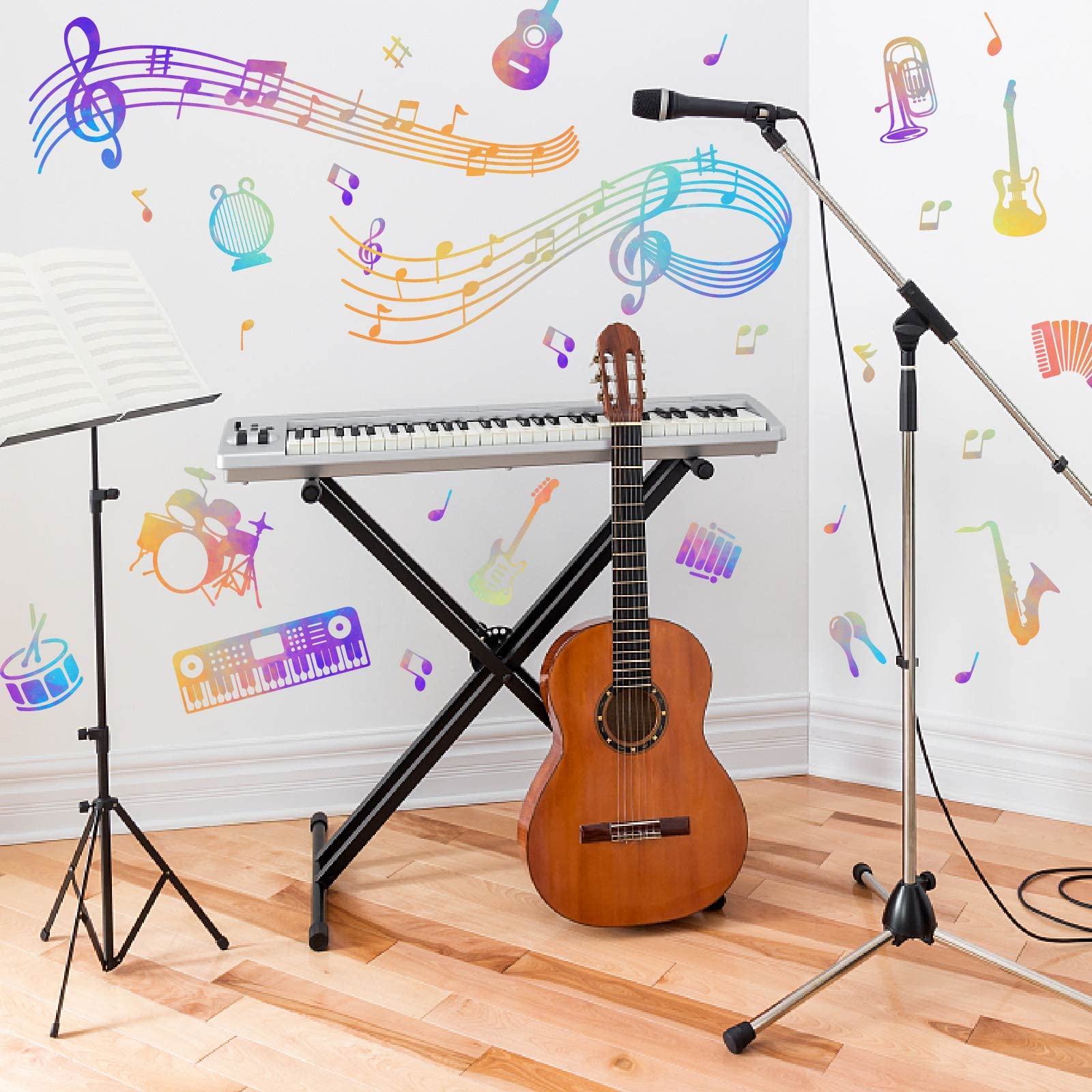 PLIGREAT 2 Fogli Adesivi Murali Note Musicali Colorate – Decorazione Fai Da Te Per Camera Da Letto, Studio, Soggiorno