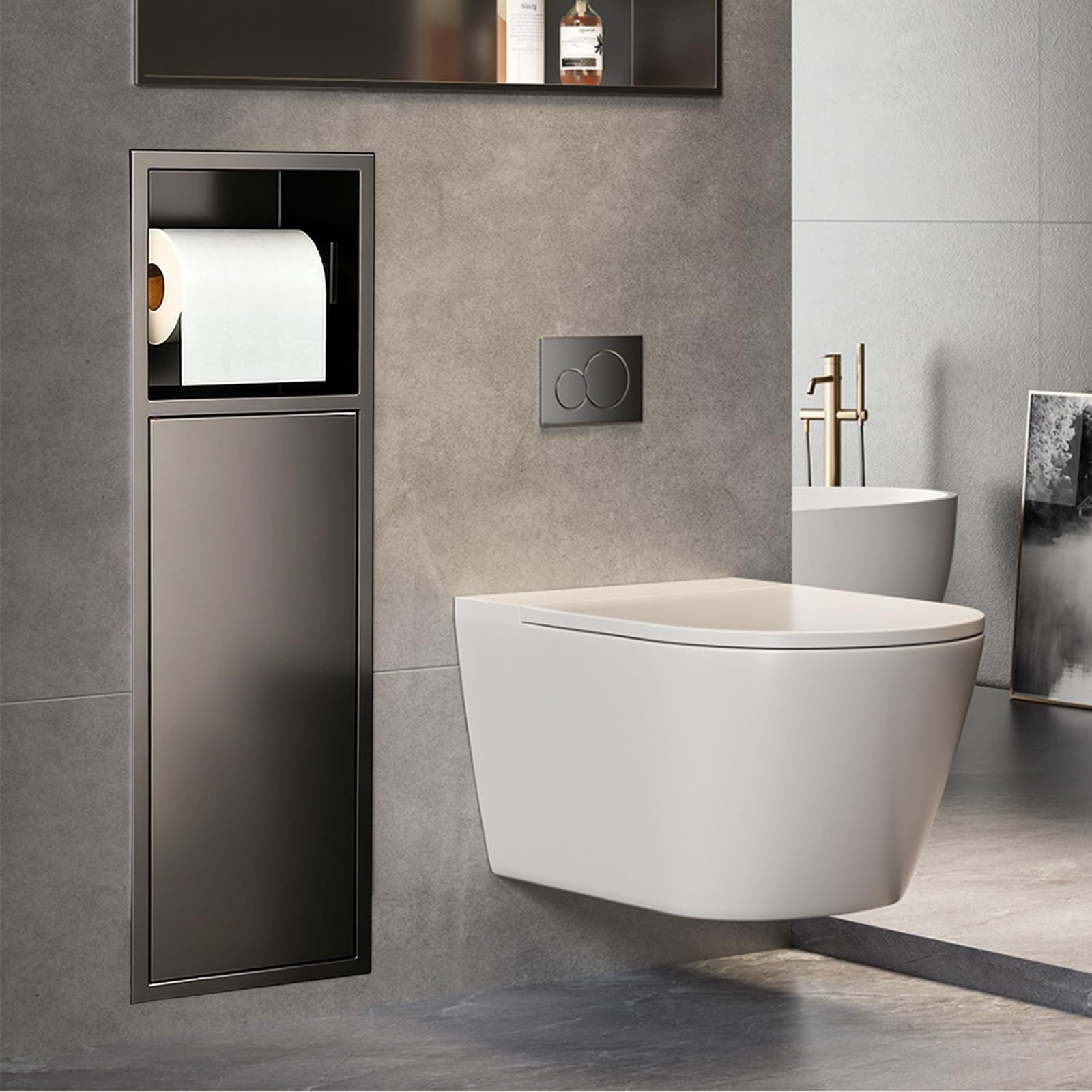 Portarrollos de papel higiénico empotrado de acero inoxidable con puerta corredera, armario de baño con portarrollos para el conjunto de escobillas, negro/blanco, 60 x 16,5 x 12,5 cm (negro)