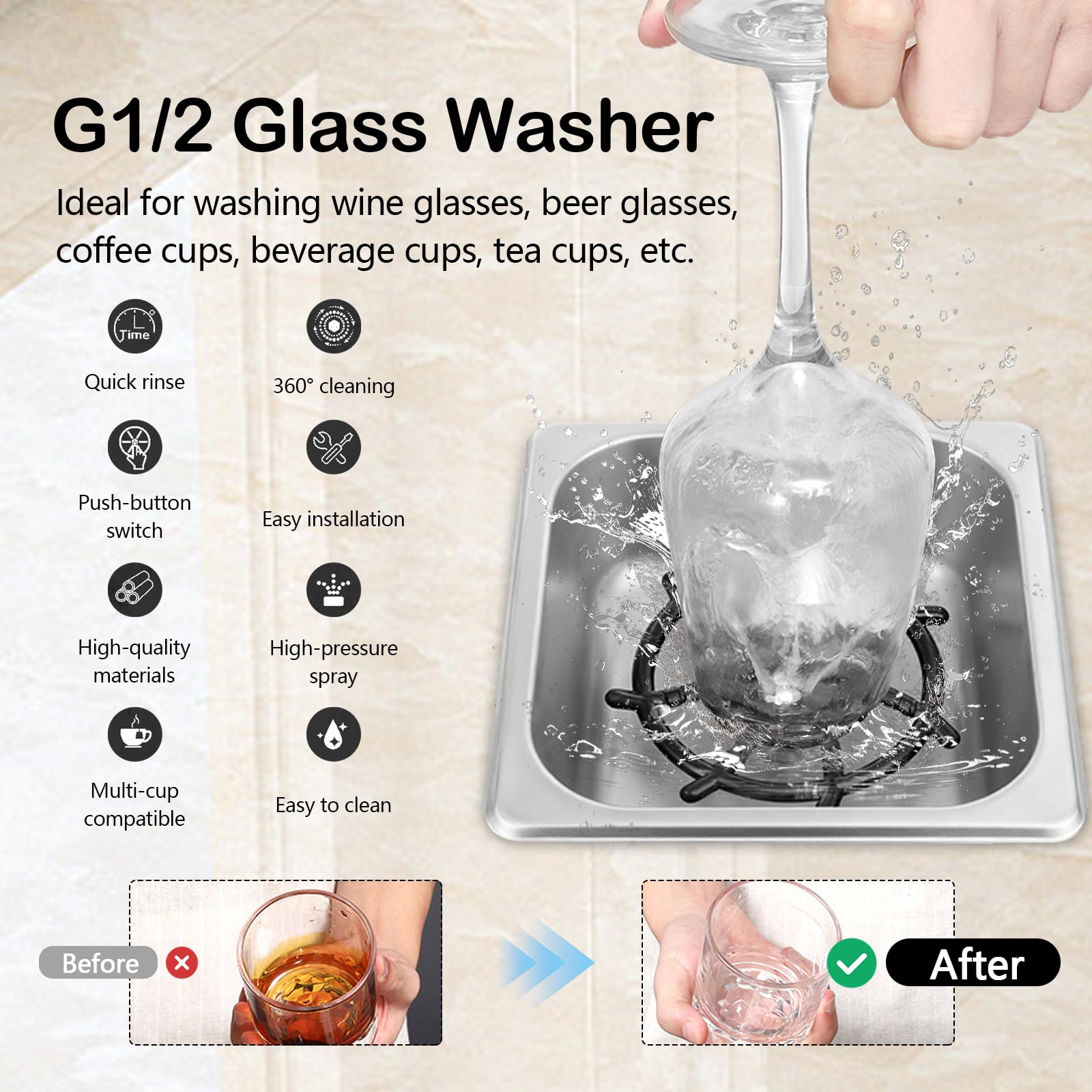 Lavabicchieri Automatico, G1/2 In Acciaio Inox Per Lavello Da Cucina Con 2 Tubi Flessibili Di Collegamento Accessorio Pratico Per Bar Pub Ristorante Caffetteria E Hotel