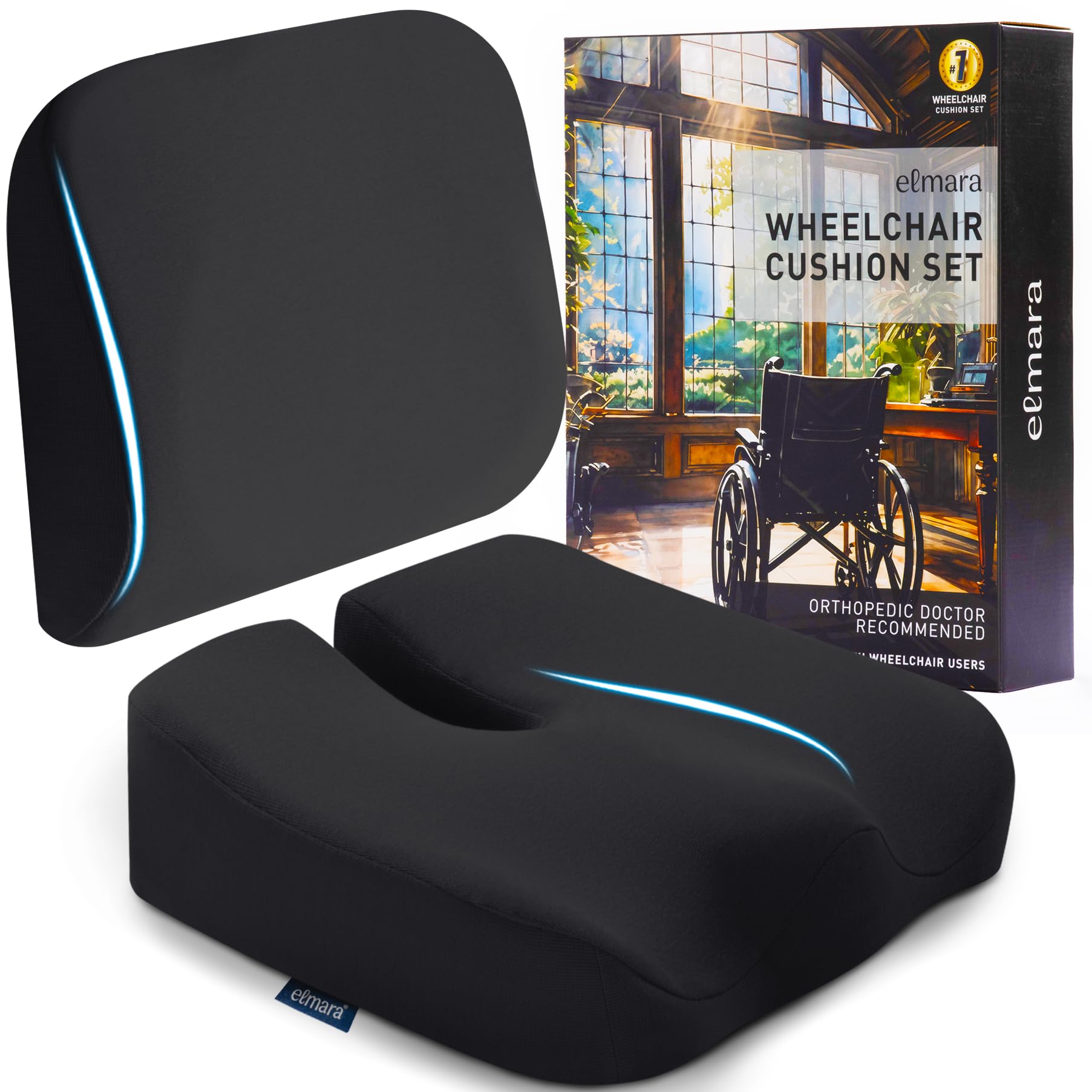 Elmara Wheelchair Seat Cushion Set – The Ultimate Comfort Solution – Thick Wheelchair Cushions Relieve Back & Sciatica Pain – Wheel Chair Cushions for Seniors, Wheelchair Pad (Black)