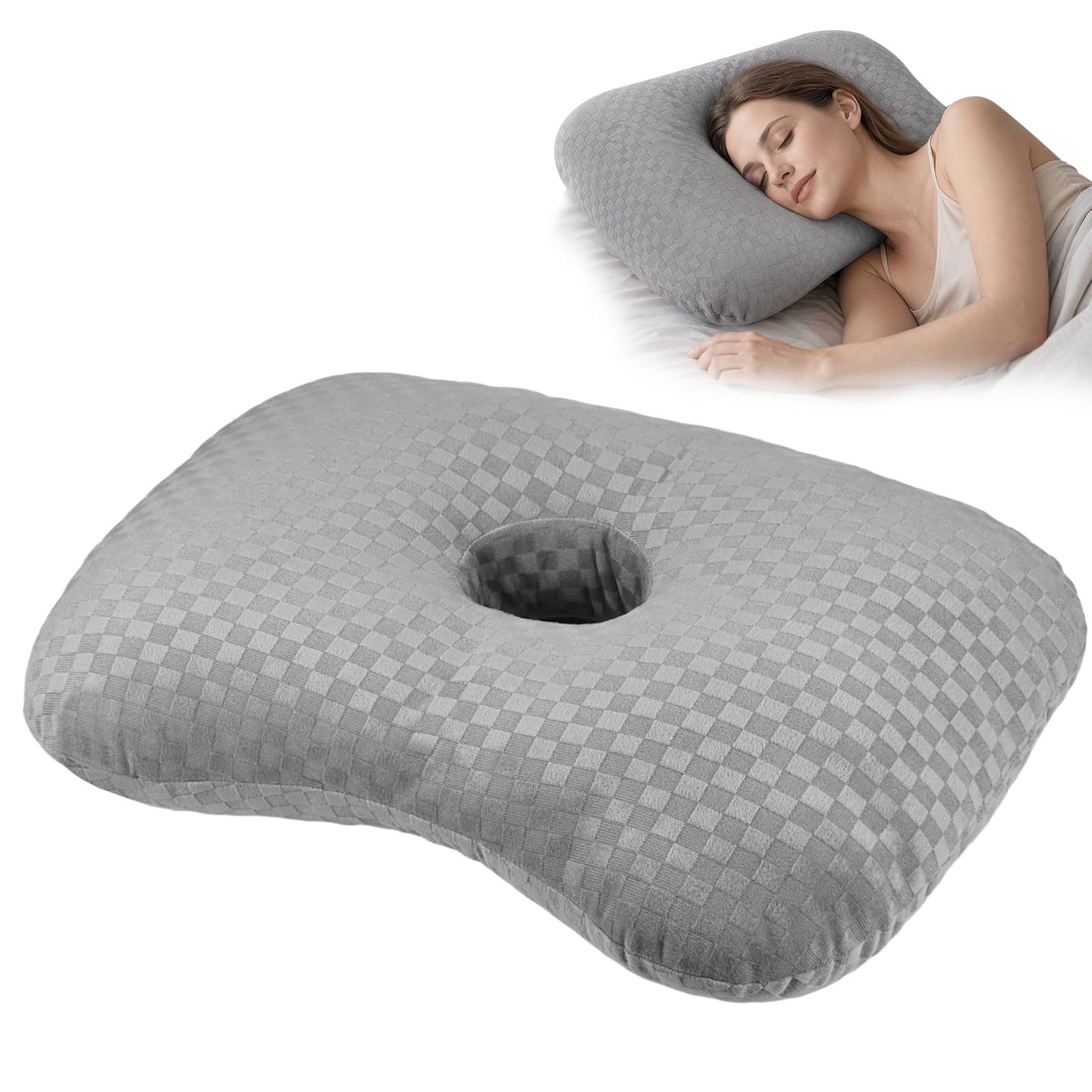 Grey Checkered Piercing Pillow - Washable Ear Pillow with Hole for Side Sleepers, Adjustable Pillow, Orthopedic Side Sleeper Pillow for Neck Support and Ear Pain Ear Inflammation Pressure Sores