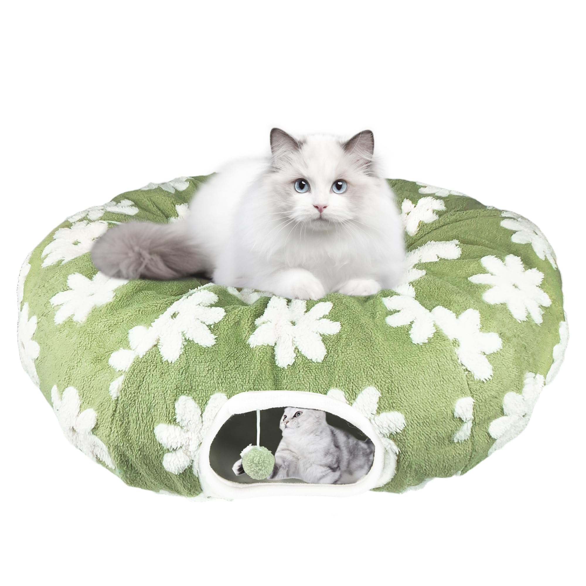 Cat Play Tunnel with Washable Cushion Bed, Round and S-Shape Malfunction Cat Tube Donut Tunnel Cave for Cats/Puppy/Kitten/Rabbit (Green)