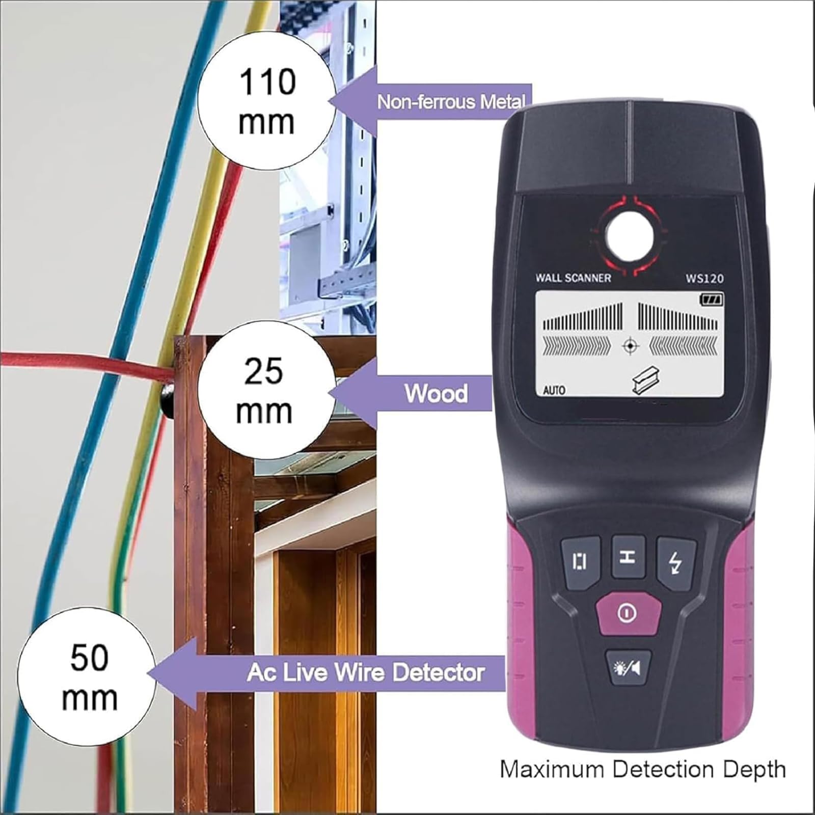 Détecteur De Montants Muraux avec Repérage du Centre, Mode De Balayage Automatique, Détection De Fils Et Câbles Électriques sous Tension, De Tuyaux d'eau en PVC Et Métaux, Positionnement Précis