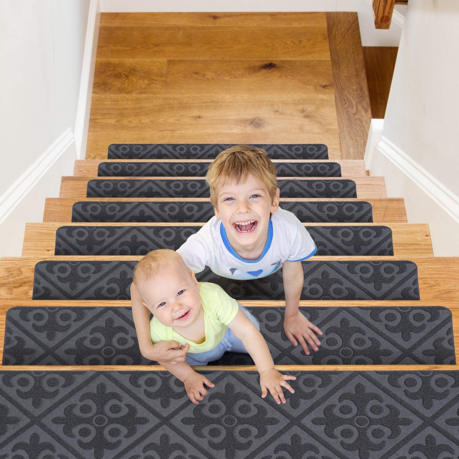 15 Alfombrillas Antideslizantes Para Escaleras - Adhesivas, Recortables Y Lavables, Protegen A Niños Y Mayores (gris Oscuro, 55x19 Cm)