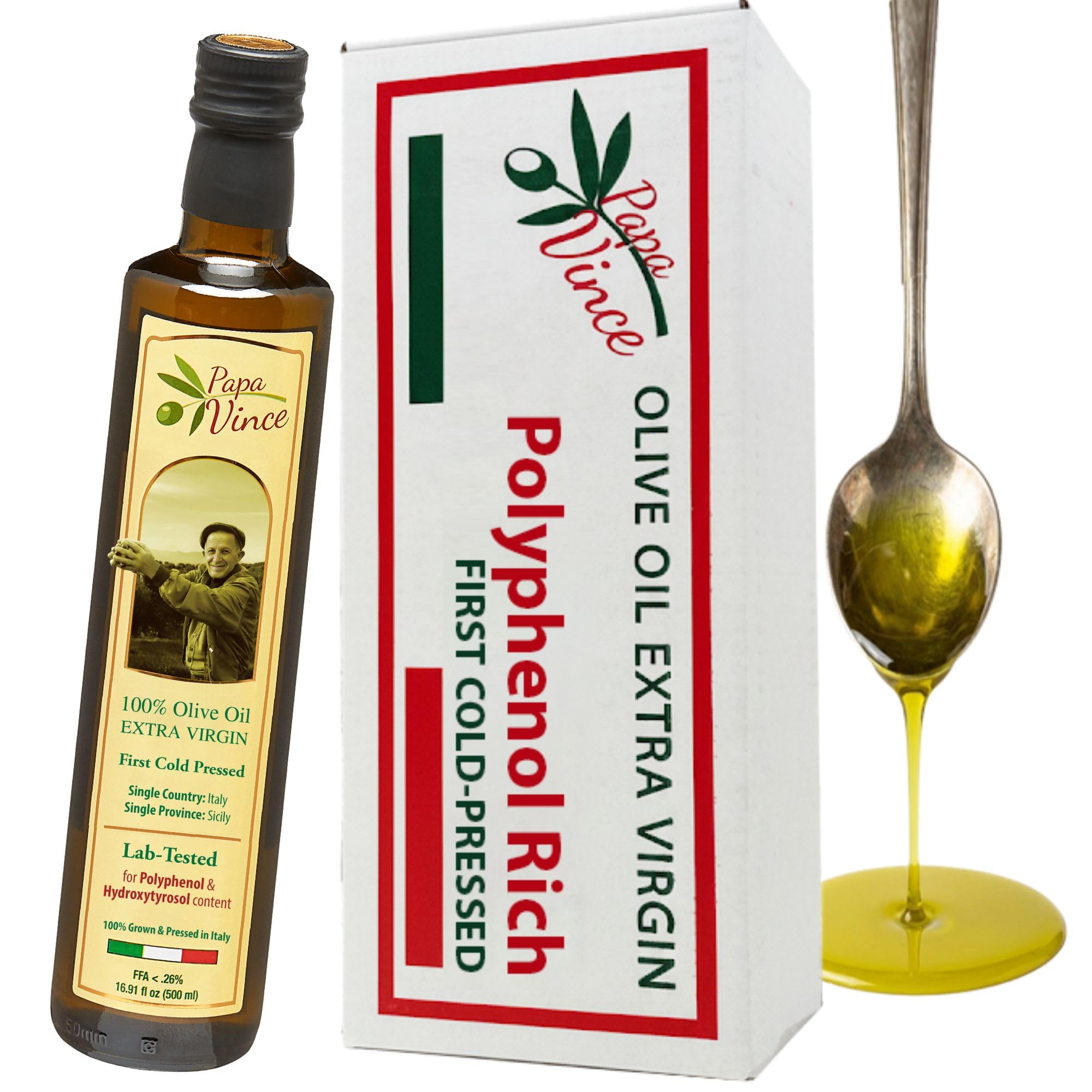 Papa Vince Olive Oil Extra Virgin - First Cold Press Family Harvest 2024/25, Polyphenol Rich, Subtle Peppery Finish, Unrefined, High in Monounsaturated Fat, No Pesticides, No GMO, Sicily, Italy