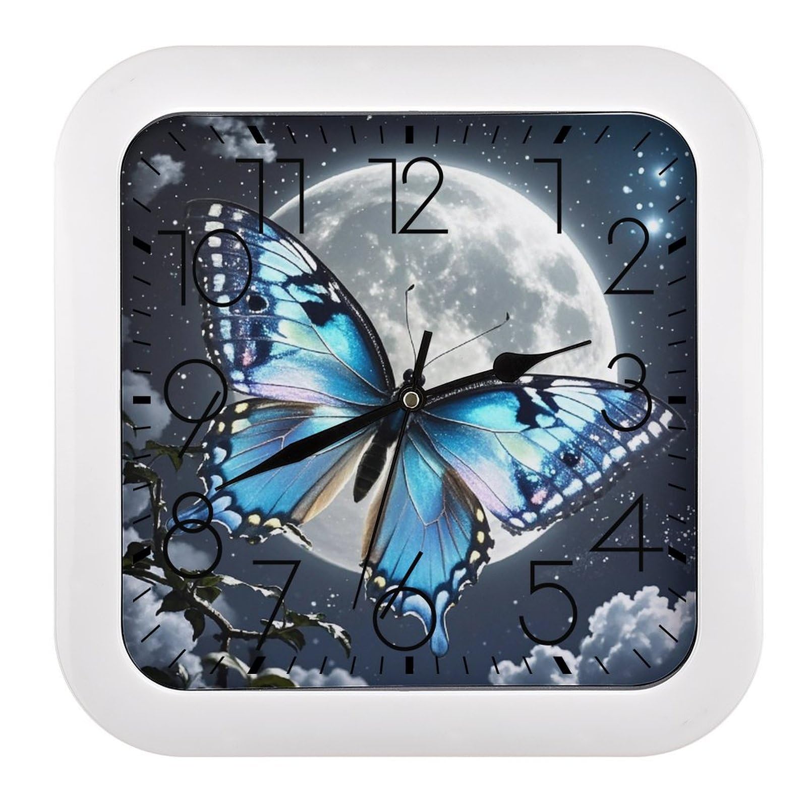 LZQPOEAS Blue Butterfly and Moon Wall Clock Fashionable Versatile Silent Wall Clock Simple Elegant Non Ticking Analog Clocks Easy to Install Square Modern Clocks for Home Decoration