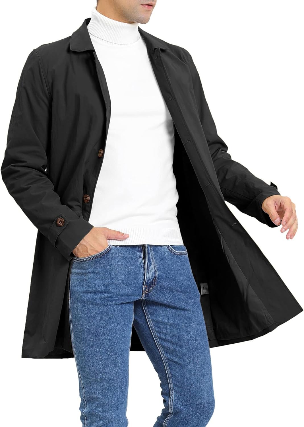 Mens Trench Coat Slim Fit Single Breasted Casual Long Jacket Lightweight Lapel Fall Windbreaker Overcoat - Image 2