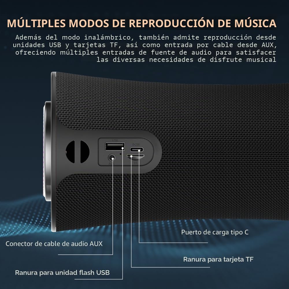 Altavoz Bluetooth Portátil con Luz LED, 80W Potencia Pico Altavoces Inalámbricos con Graves Profundos, Sonido Estéreo 360°, 24 Horas, Asa Cómoda, Speaker de Exterior para Viajes/Deportes/Fiestas