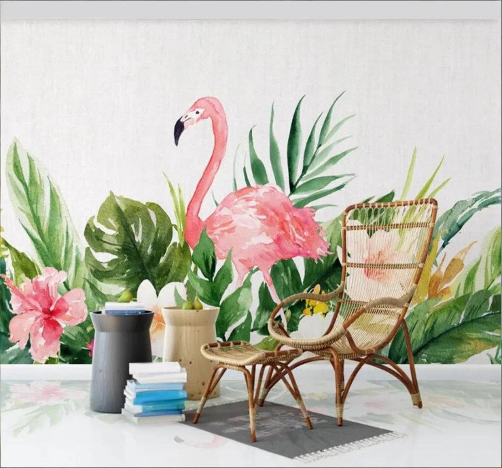 Tzxztt Fresh Plants Green Leaves Flamingos Minimalism Modern 3D Wallpaper Premium Textured Silk Neutral Tones Material Ideal for Living Room Bedroom-150cm×105cm