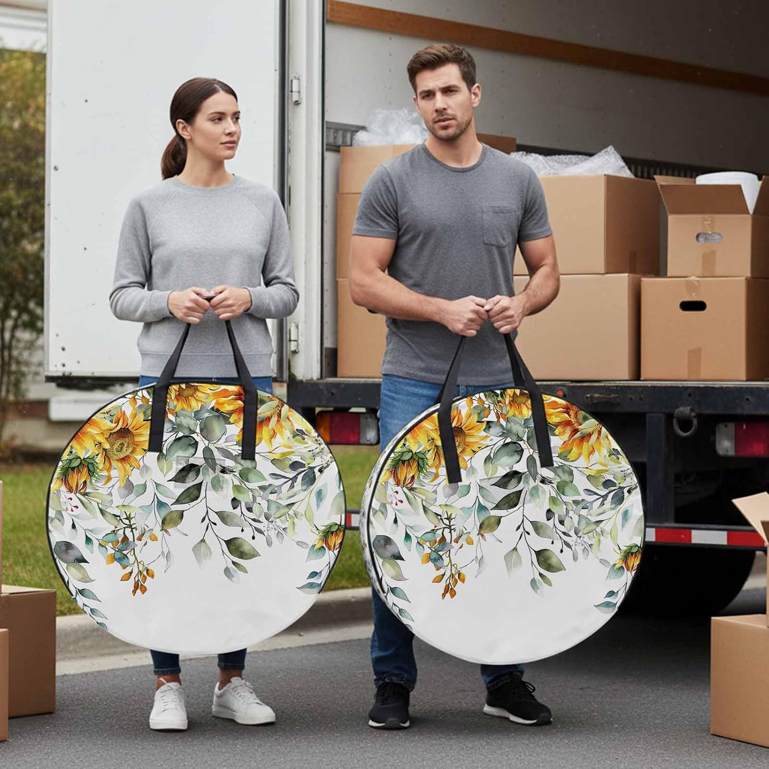 Pastoral Floral Plant Round Storage Bag 36 Inch, Sage Sunflower Eucalyptus Leaves White Clothes Storage Container with Handles Heavy Duty Organizer for Comforter, Bedding & Holiday Wreaths