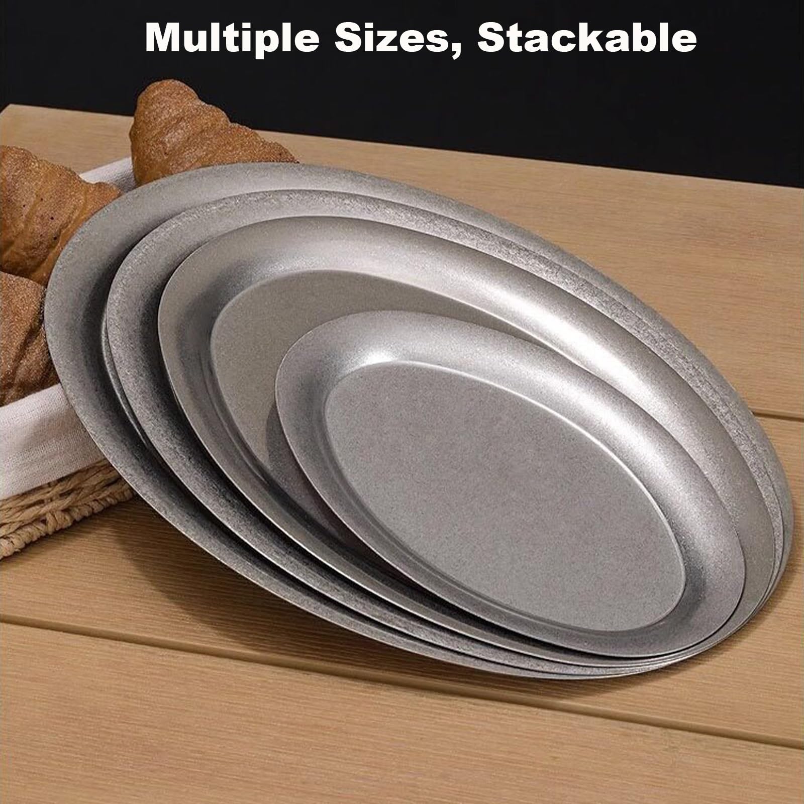 Bandeja de metal ovalada de acero inoxidable para alimentos, diseño retro, acabado esmerilado, ideal para servir pan y postres en cafeterías