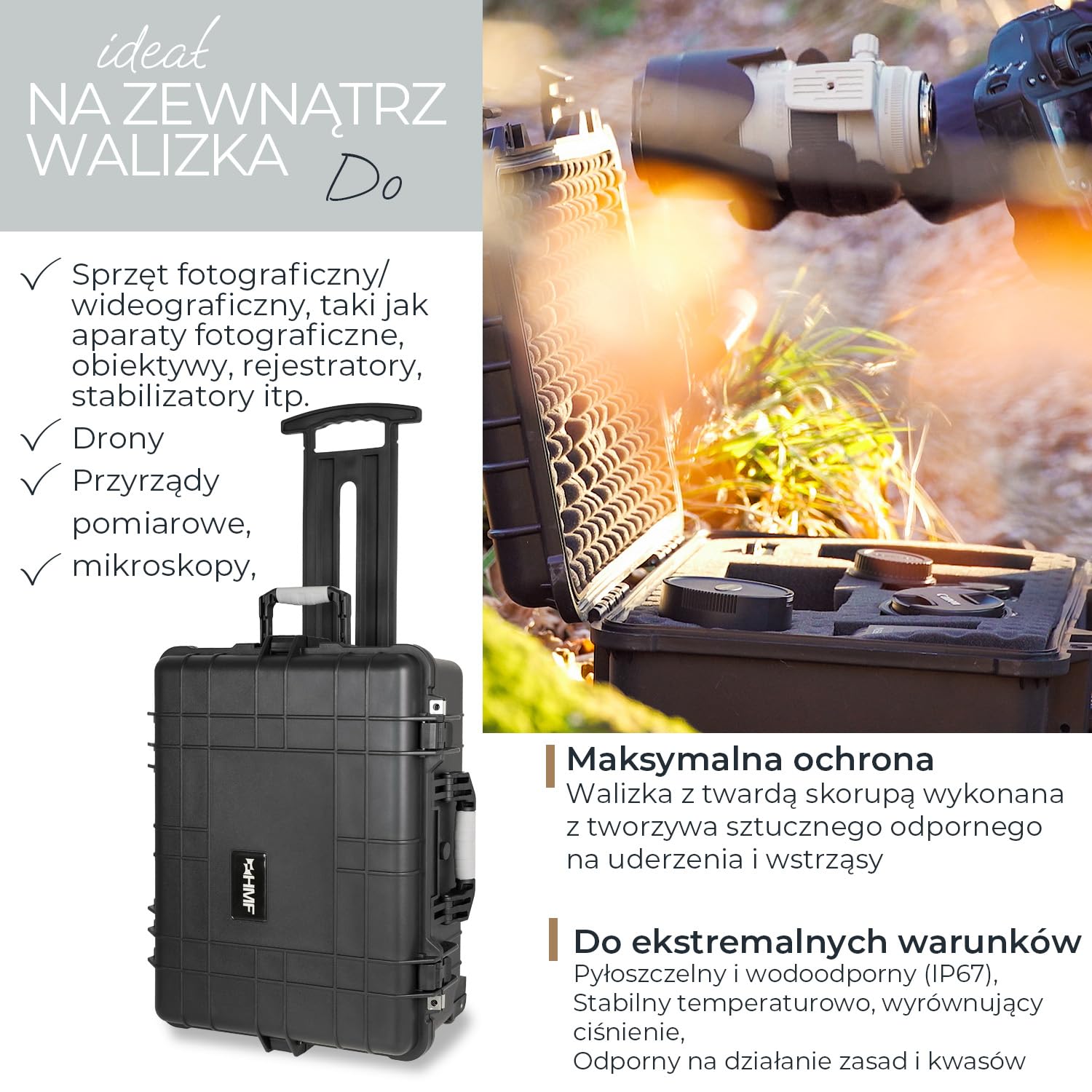 HMF Walizka outdoorowa, ODK400, walizka na zdjęcia z pianką rastrową, czarny, 58.5 x 45 x 27.5 cm, Walizka