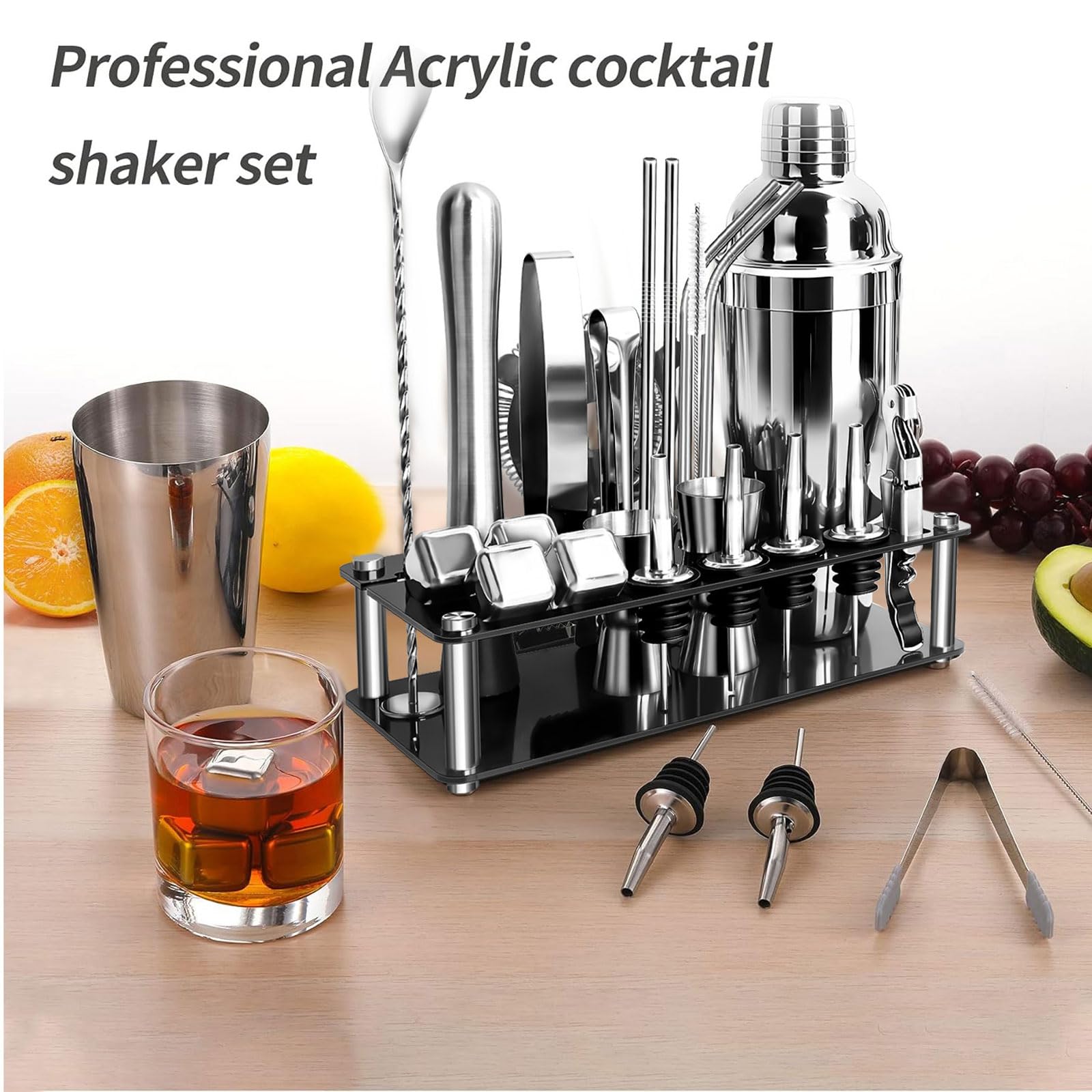 23 piezas Coctelera para Cócteles Kit Con Soporte acrílico acero inoxidable Profesional Barman Herramientas con Mortero de Cóctel colador Cuchara set de regalo para Mezclar Bebidas,Barra,hogar