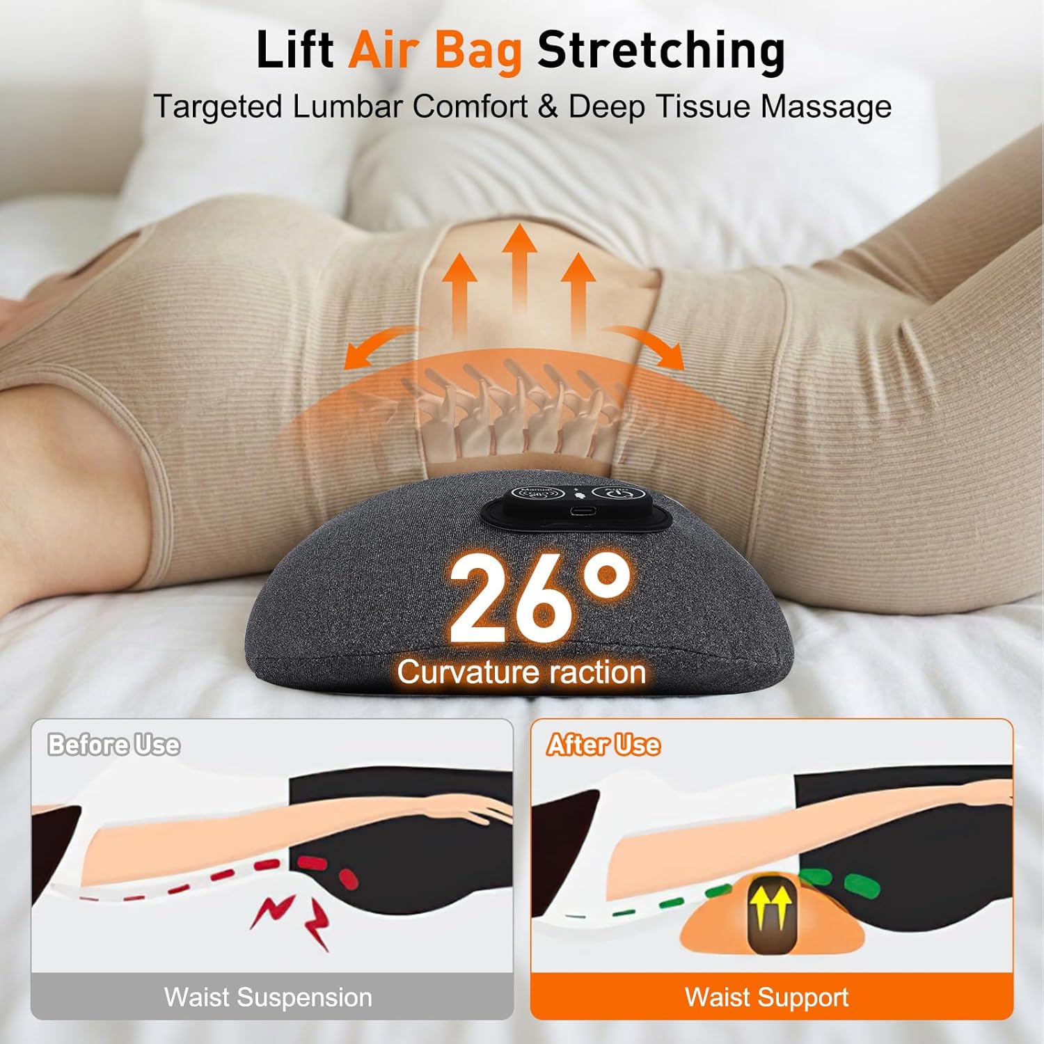3-in-1 Upadate Rechargeable Electric Back Massager with Heat Vibration Airbag Deep Tissue Relief for Lumbar Back Adjustable Modes Cordless Portable Design for Home/Office/Car