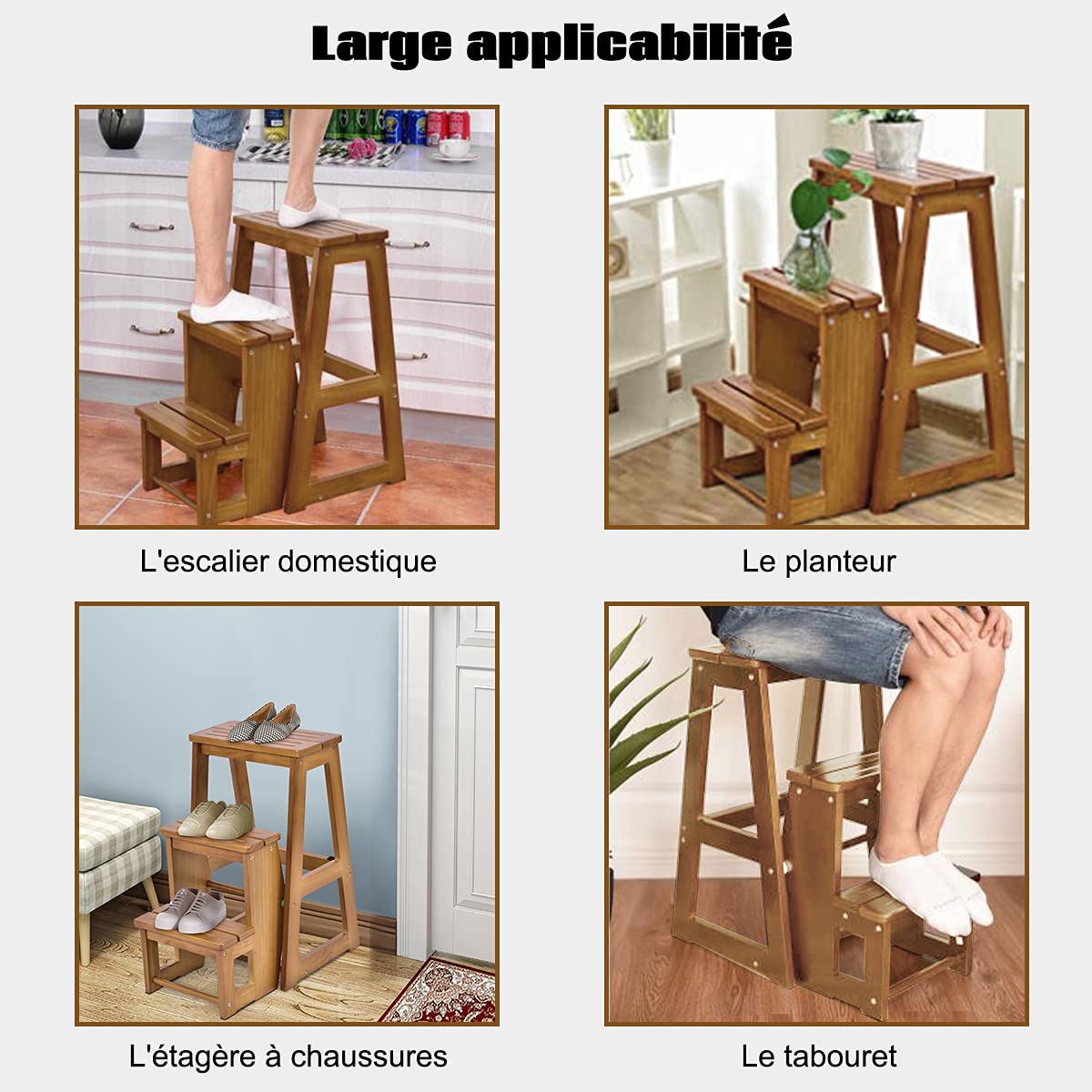 DREAMADE Escabeau Pliant en Bois Marchepied 3 Marches 57x38x66CM avec Patins Antidérapants Tabouret Escalier Multifonctionnel Charge 150KG pour Enfant&Adulte (Naturel)