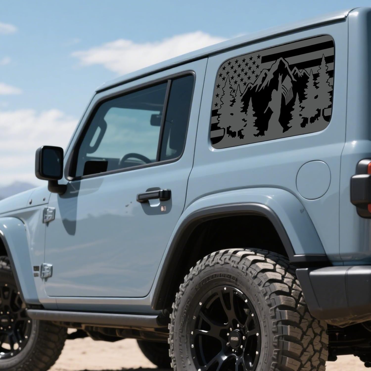 for Jeep Wrangler JL JLU 2018-2025 Rear Side Window Bigfoot American Flag Decal, 2PCS Matte Black Faith USA Flag Vinyl Stickers, Patriotic SUV Truck Window Graphics Exterior Accessories