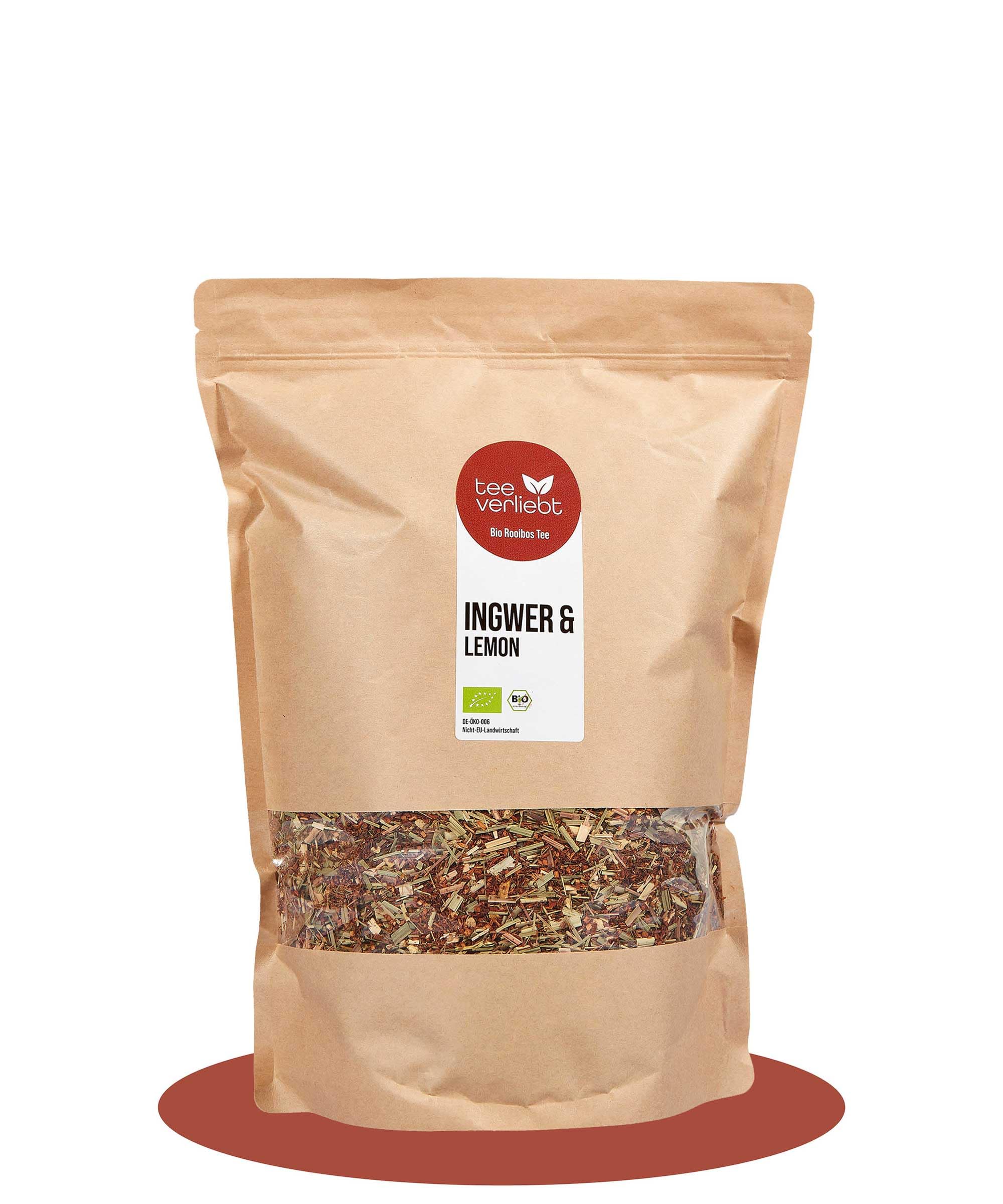 teeverliebt Bio Rooibos-Mischung Ingwer & Lemon 1kg I Loser Rotbusch-Tee in feinster Blatt-Qualität - koffeinfrei I Fruchtig-Frischer Tee-Genuss I Aus kontrolliert biologischem Anbau I 1000g