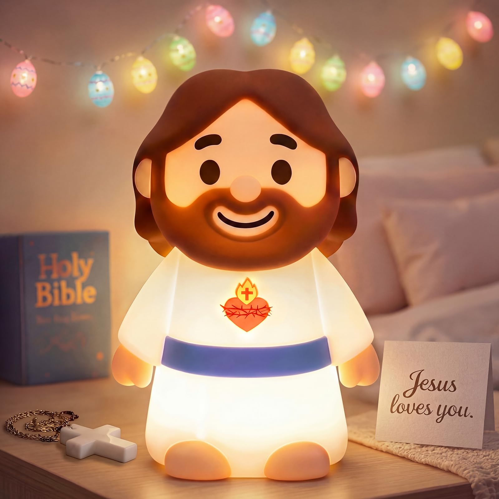 Caaaat Luz nocturna de Jesús para niños, lámpara de guardería de silicona con 3 niveles de brillo y temporizador de 30 minutos, regalos de bautizo y Pascua, luz nocturna recargable para oración