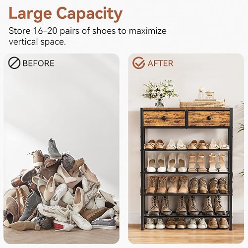 Miniatura 9 de Zapatero para entrada, organizador de zapatos de 5 niveles con 2 cajones no tejidos, estante de almacenamiento de metal para 16-20 pares de zapatos,