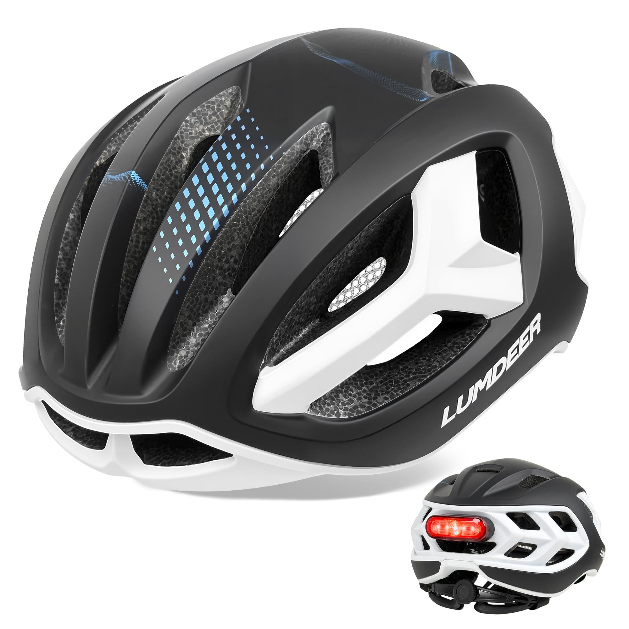 LUMDEER Adult Bike Helmet for Men and Women, Road Bicycle Helmet with Magnetic Rear Light & Magnetic Buckle & Insect Protection, Commuter Cycle Helmet with Adjustable Ponytail Hole 57โ62cm Black