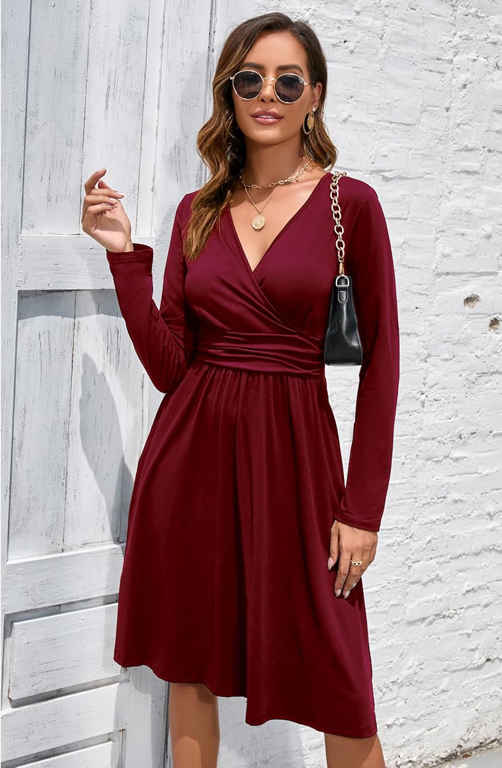OUGES Womens Long Sleeve V-Neck Wrap Waist Party Dress with Pockets