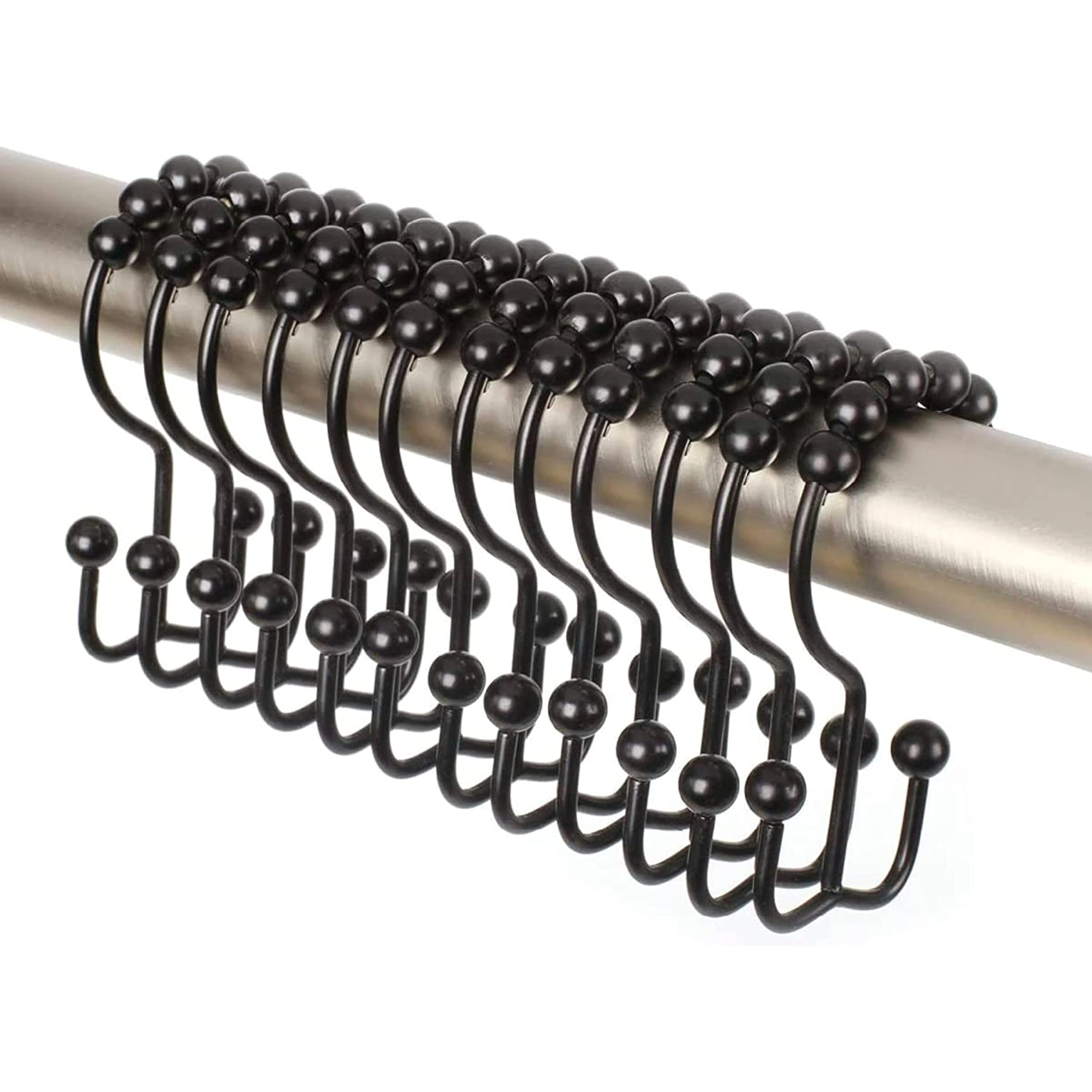 2lbDepot Double Shower Curtain Hooks Rings (Matte Black Decorative Finish) Premium Rust Resistant Stainless Steel Metal Hook, Roller Balls Glide on Shower Rods, Set of 12 pieces