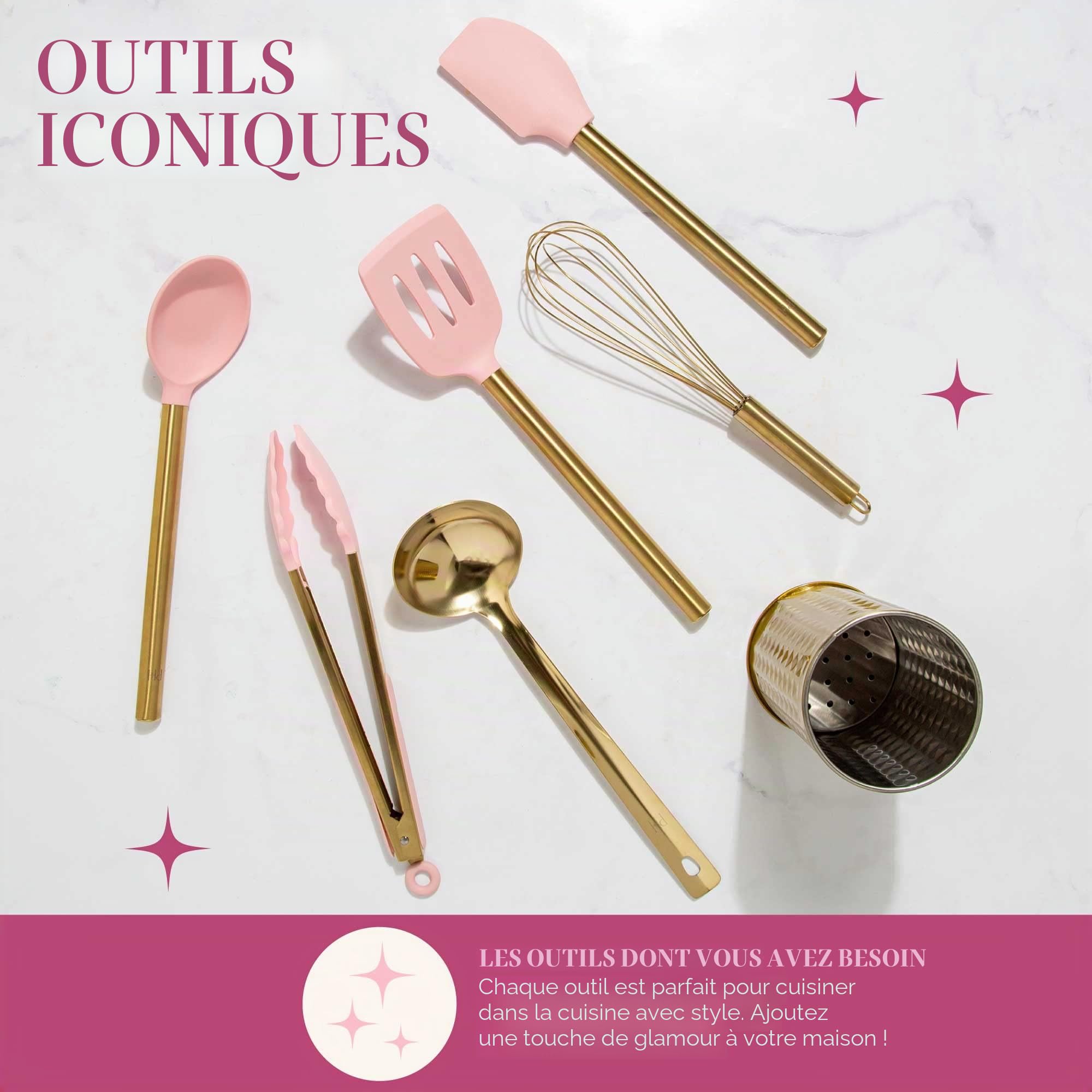 Paris Hilton Ensemble de 7 ustensiles de cuisine en acier inoxydable rose