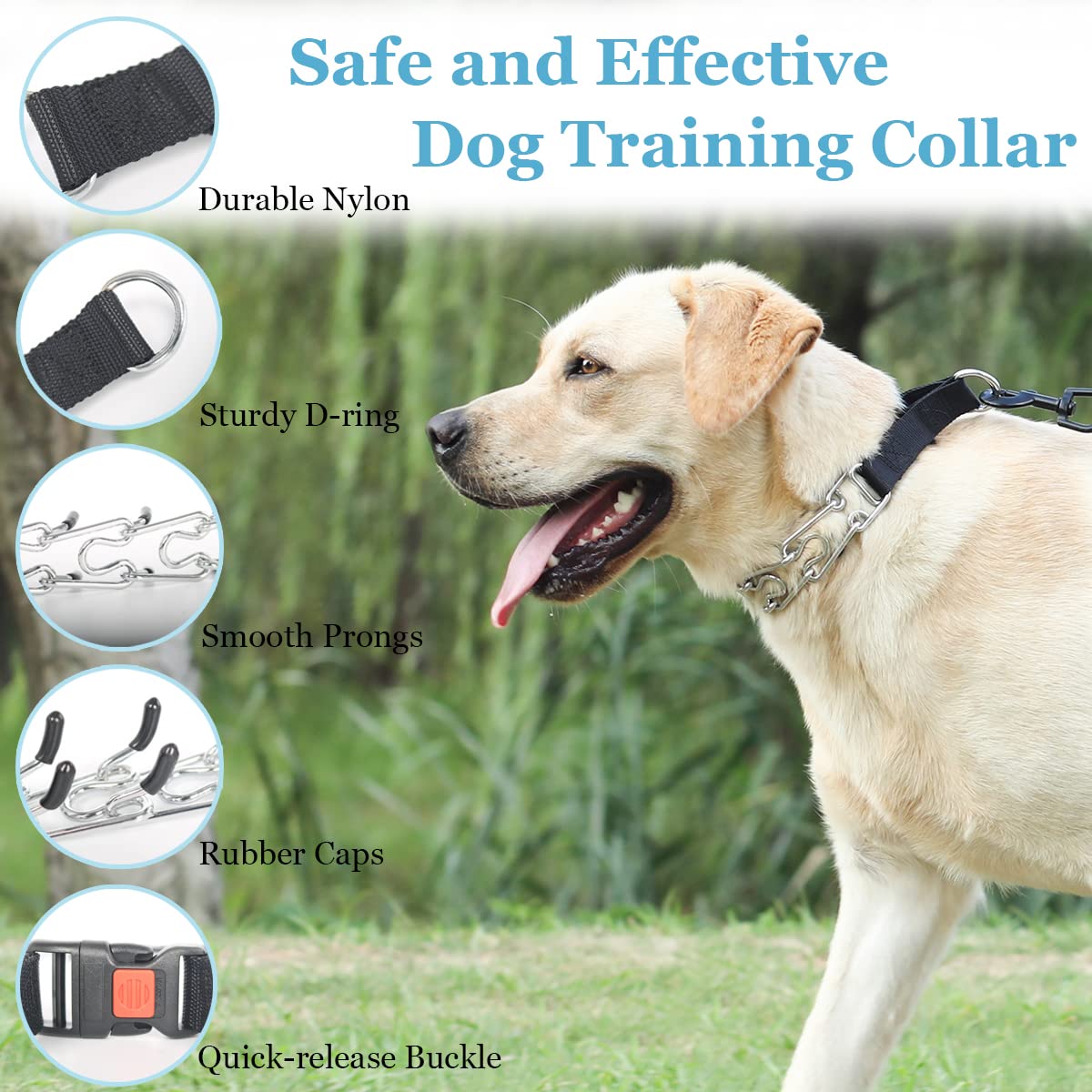 No Pull Dog Collar, Prong Collar for Small Medium Large Dogs, Pinch Collar for Dogs with Quick Release Buckle, Prong Collar Cover, Extra Links, Safety Clip, Rubber Tips