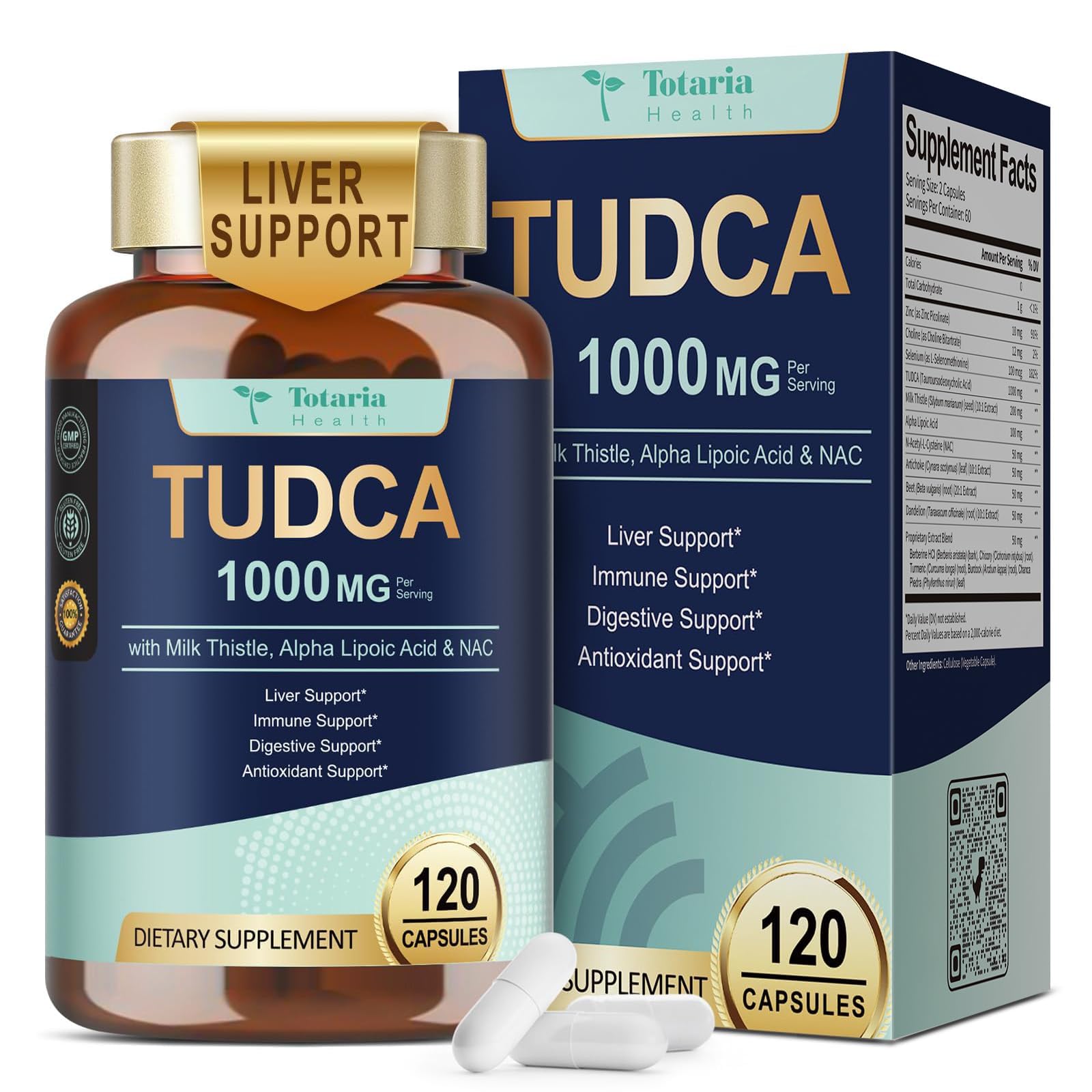 Totaria TUDCA 1000mg Liver Support Supplement with Milk Thistle, NAC, ALA, 80% Silymarin, 15-in-1 Extra Strength Bile Salts, for Liver Cleanse Detox & Repair, Gallbladder, Non-GMO, 120 Capsules 120 Count (Pack of 1)