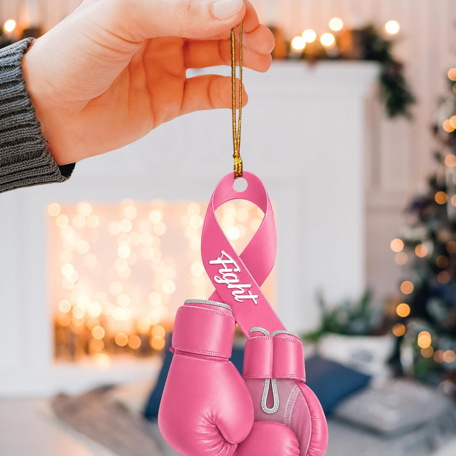 Talataca Breast Cancer Awareness Pink Fight Ribbon Survivor Girl Women 2D Flat Car Rear View Mirror Accessories Christmas Tree Ornament Decoration Hanging Charm Interior Rearview Pendant Decor Gift image 5