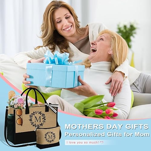 Miniatura 2 de Regalos para mujeres  Bolsa de yute con inicial de playa y bolsa de maquillaje, regalos de graduación 2024, regalos de cumpleaños para mejor amiga