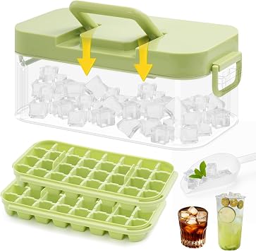 Ice Cube Mold Tray 64 Pcs Ice Mold Trays with Lin and Bin BPA Free Ice Cubes Tray for Freezer 2 Pack Easy Release Ice Molds for Drinks Coffee