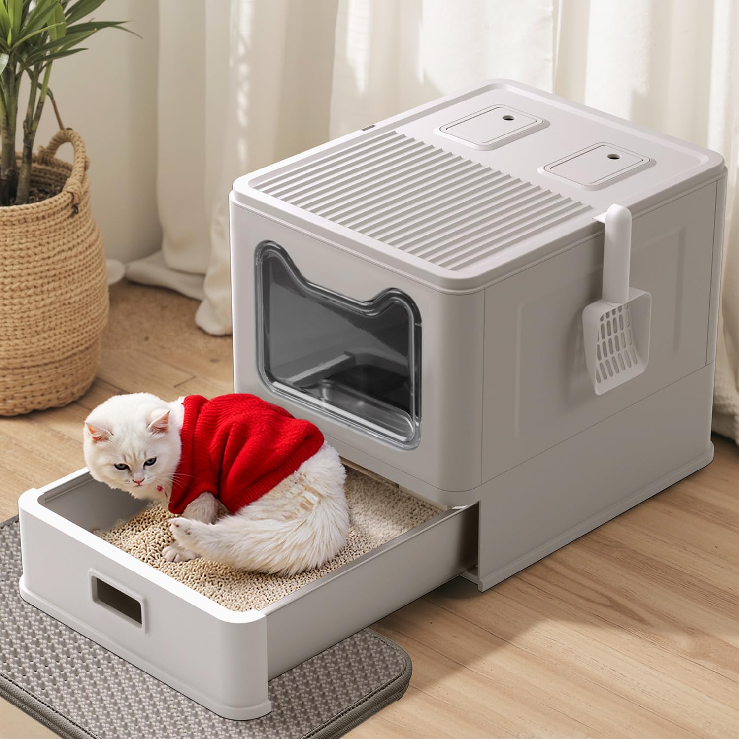 Katzenklo Edelstahl, mit Deckel und Schublade, Geschlossenes Katzentoilette XXL mit Katzenklo Matte ＆ Schaufel für große Katzen. Geruchsfrei, leichte Reinigung