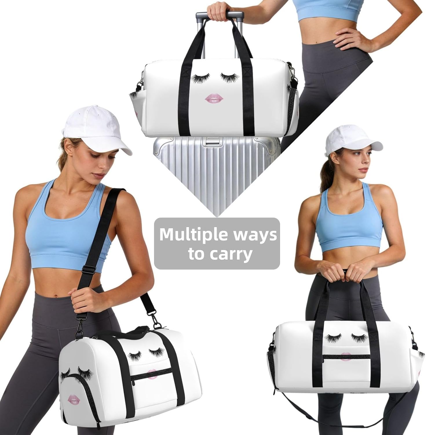 Eyelash Lip White Print Handheld Sports Luggage Unisex Crossbody Bag Travel Weekend Fitness Workout image 4