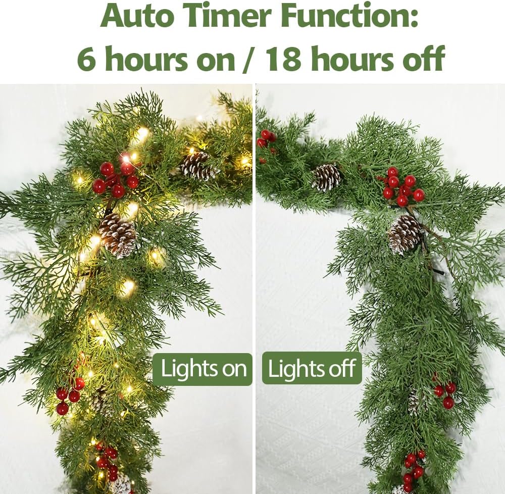 Christmas Garland with Lights 6.25Ft 40LED Dense Cypress Pine Garlands Lighted Christmas Pine Garlands for Holiday Xmas Home Mantle Decor