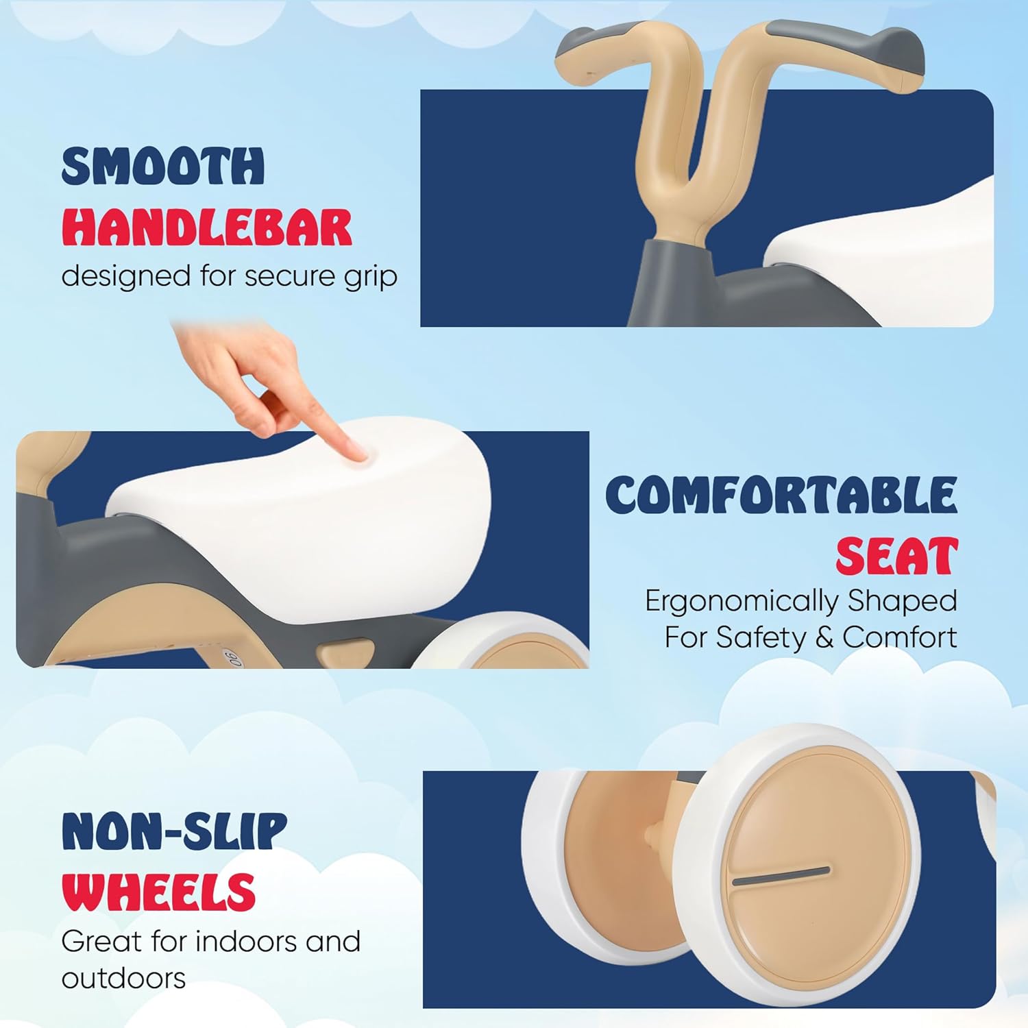 Henry & Colin Baby Balance Bike for Kids - No Pedal 4-Wheel First Bike, Toddler Walker for Boys & Girls, with Stylish Handle, Sturdy & Safe Design for 1-3 Year Olds