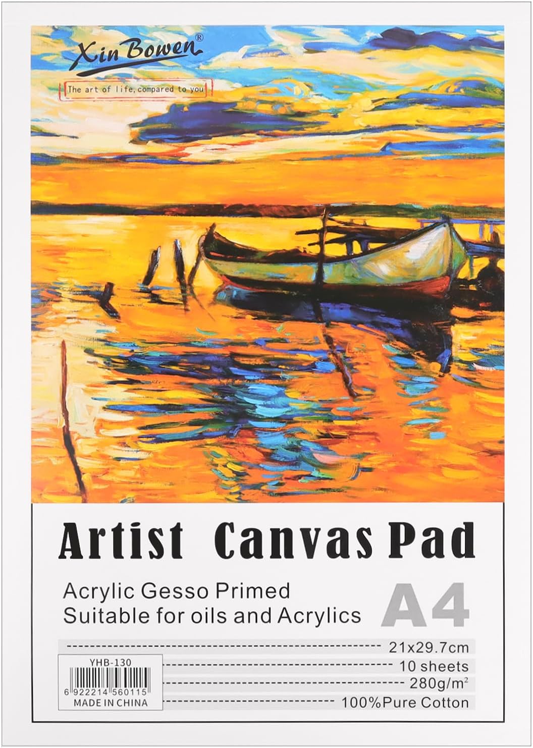 Canvas Pad for Painting, 10 Sheets of 11.69"x8.66" Pure Cotton Canvas, A4 Size, White, Pre-Primed for Instant Use