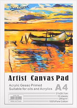 Canvas Pad for Painting, 10 Sheets of 11.69"x8.66" Pure Cotton Canvas, A4 Size, White, Pre-Primed for Instant Use